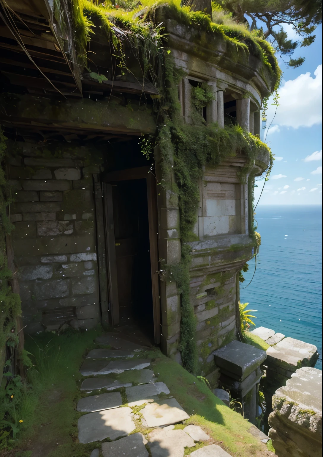 (masterpiece、highest quality:1.2)、8k、You can see the ocean、Ancient ruins built on the edge of a cliff、It is covered with moss and ivy.