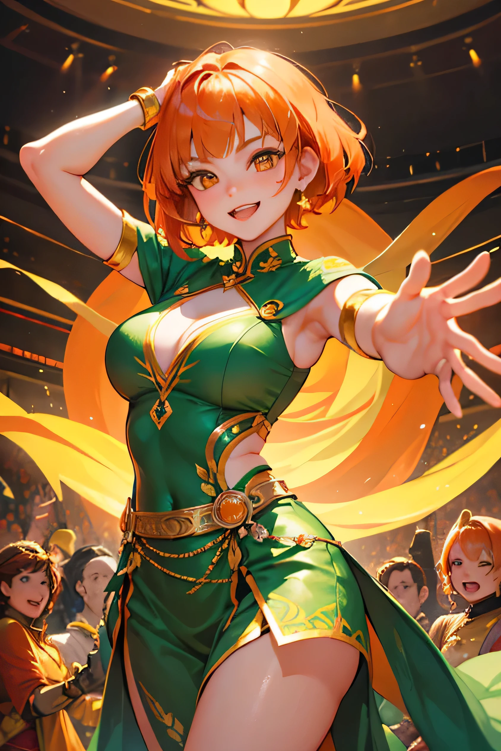 masterpiece, highest quality, so beautiful、up to date、girl, Orange Hair, short hair, Golden Eyes, Olga,tooth, A defiant smile, Asian fantasy green costume、Bollywood、Bold Pose、、dance