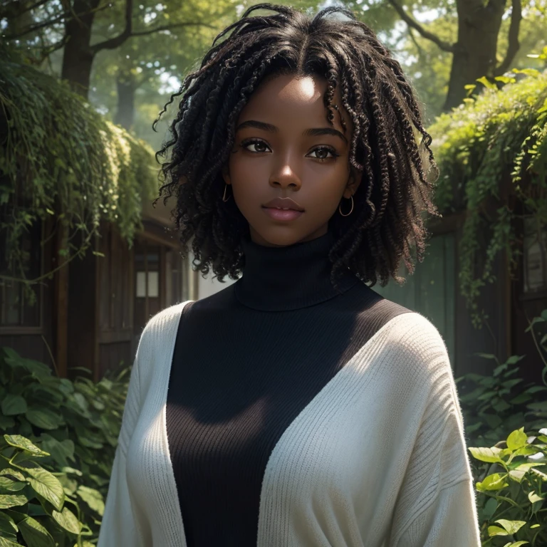 (highres:1.2),ultra-detailed,(realistic:1.37),(portrait:1.1),(young:1.1),(beautiful:1.1) black skinned girl with curly black hair in an updo, wearing a black turtleneck sweater, 18 years old. She has (detailed:1.1) captivating eyes with long eyelashes, full lips, and a warm smile. Her flawless dark skin shines under the (soft:1.1) studio lighting, revealing her natural beauty. The girl stands confidently with her head slightly tilted, exuding (elegance:1.2) and (confidence:1.1). Her posture is poised, showcasing her graceful demeanor. In the background, (subtle:0.9) sunlight filters through the trees, creating a (gentle:1.1) play of light and shadow. The air is filled with a sense of tranquility as if time stands still. She is surrounded by a lush garden, (overgrown:1.1) with colorful flowers in bloom, adding a vibrant touch to the scene. The atmosphere is (serene:1.1) and (dreamlike:1.1), creating a sense of calm and peace. The colors are (rich:1.2) and (vibrant:1.1), with deep shades of green and pops of vibrant hues from the flowers. The overall color palette is (harmonious:1.2) and (complementary:1.1), adding to the visual appeal of the composition. The artwork is created using a (blend:1.1) of digital painting and photography, highlighting the delicate details of the girl's features and the natural elements in the scene. The (textures:1.1) are meticulously crafted, adding depth and realism to the image. The focus of the composition is on the girl, capturing her (warmth:1.1), (beauty:1.1), and (youthfulness:1.2). The viewer is drawn into her world, experiencing a moment of connection and admiration. Garota negra, with hair that is curly and appears to be quite voluminous.The natural style of the curls suggests that the hair has a texture that retains the shape of the curls well. Dark brown eyes black image background with blue lightning