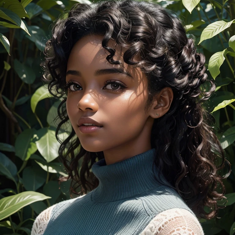 (highres:1.2),ultra-detailed,(realistic:1.37),(portrait:1.1),(young:1.1),(beautiful:1.1) black skinned girl with curly black hair in an updo, wearing a black turtleneck sweater, 18 years old. She has (detailed:1.1) captivating eyes with long eyelashes, full lips, and a warm smile. Her flawless dark skin shines under the (soft:1.1) studio lighting, revealing her natural beauty. The girl stands confidently with her head slightly tilted, exuding (elegance:1.2) and (confidence:1.1). Her posture is poised, showcasing her graceful demeanor. In the background, (subtle:0.9) sunlight filters through the trees, creating a (gentle:1.1) play of light and shadow. The air is filled with a sense of tranquility as if time stands still. She is surrounded by a lush garden, (overgrown:1.1) with colorful flowers in bloom, adding a vibrant touch to the scene. The atmosphere is (serene:1.1) and (dreamlike:1.1), creating a sense of calm and peace. The colors are (rich:1.2) and (vibrant:1.1), with deep shades of green and pops of vibrant hues from the flowers. The overall color palette is (harmonious:1.2) and (complementary:1.1), adding to the visual appeal of the composition. The artwork is created using a (blend:1.1) of digital painting and photography, highlighting the delicate details of the girl's features and the natural elements in the scene. The (textures:1.1) are meticulously crafted, adding depth and realism to the image. The focus of the composition is on the girl, capturing her (warmth:1.1), (beauty:1.1), and (youthfulness:1.2). The viewer is drawn into her world, experiencing a moment of connection and admiration. Garota negra, with hair that is curly and appears to be quite voluminous.The natural style of the curls suggests that the hair has a texture that retains the shape of the curls well. Dark brown eyes black image background with blue lightning