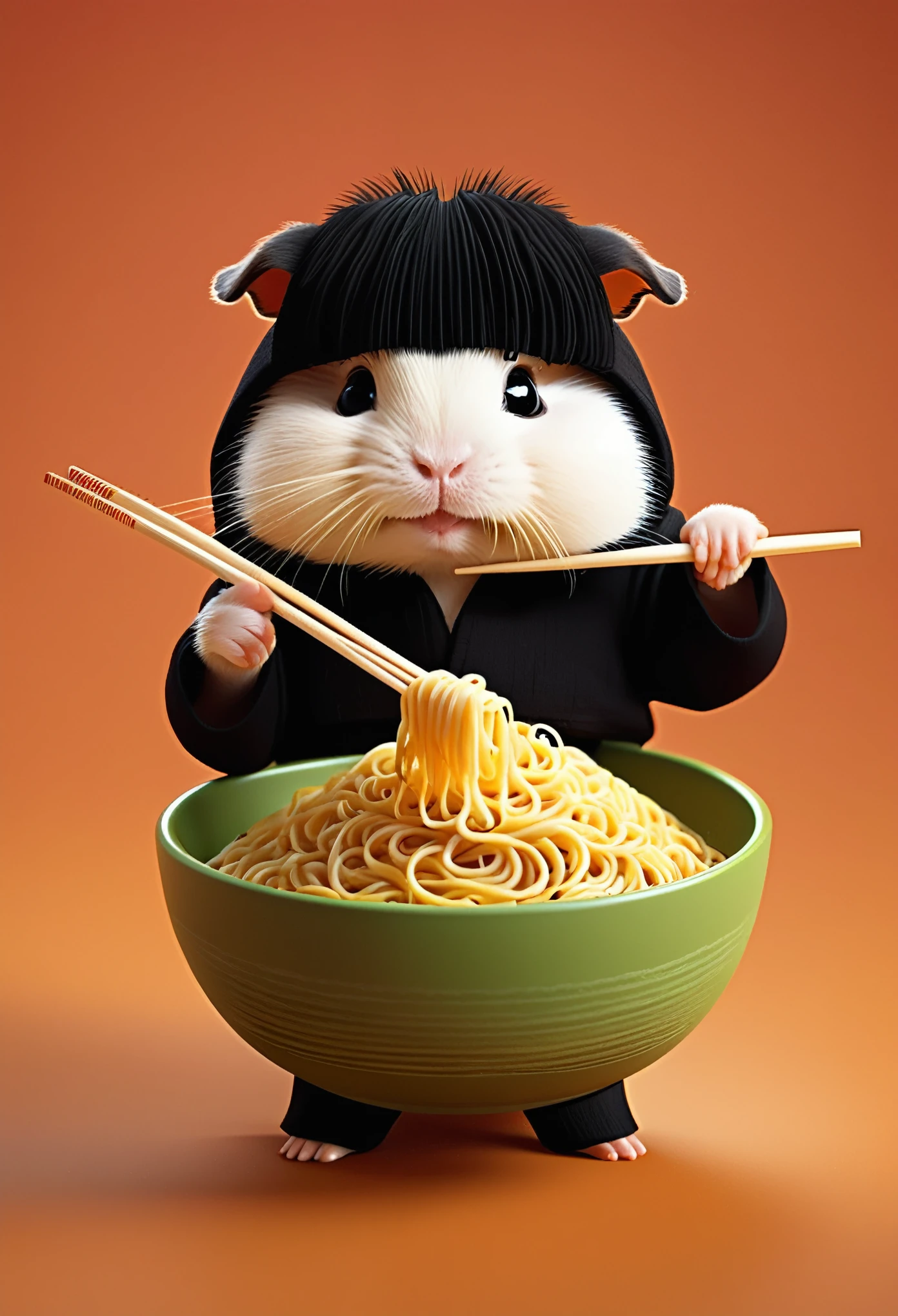 
A baby guinea pig, holding a bowl of noodles, with chopsticks in one hand and cradling the bowl in the other, cheeks bulging, sucking up noodles with relish, 3D, Pixar style, plain color background, dressed in a black ninja suit.