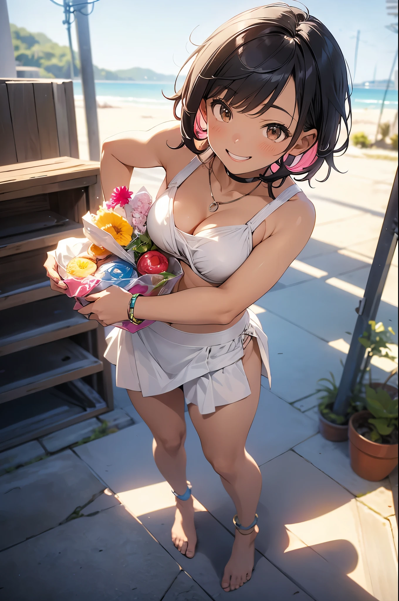 Short cut gray hair girl、She is 16 years old、Brown Skin、Wearing a white bikini、Beautiful brown eyes、Lean and muscular body、barefoot、Colorful Bracelets、Colorful anklets、明るくsmile、smile、Dance cheerfully