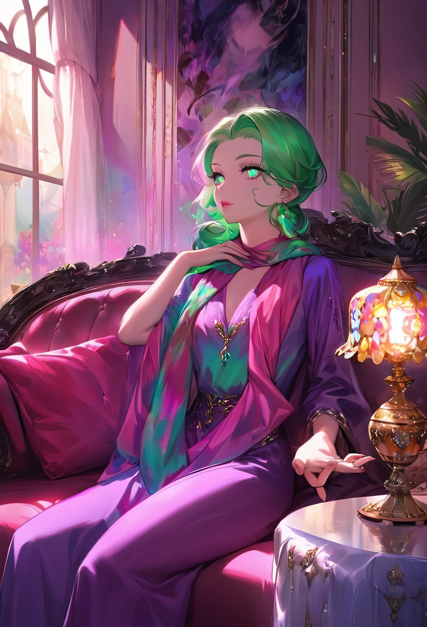 with a young man who is holding a small ancient-looking lamp in his hand. The genie's enchanting eyes are bedecked with dazzling emerald green eyeshadow, long luxurious eyelashes, and perfectly shaped eyebrows. Her luscious lips, coated in a glossy pink shade, are invitingly captivating. Her face radiates flawless beauty, with smooth, porcelain-like skin and perfectly contoured cheekbones.
The apartment is tastefully furnished in a minimalist style, with clean lines and neutral tones. The walls are adorned with abstract paintings, adding a touch of sophistication to the space. Soft natural light streams through large windows, creating a warm and inviting ambiance. A plush velvet sofa, in a vibrant shade of royal purple, stands against one wall, contrasting beautifully with the rest of the decor.
The young man, captivated by the genie's ethereal presence, gazes at her in awe. His attire reflects a mix of modern and traditional elements, with a sleek black suit paired with a colorful silk scarf tied loosely around his neck. His eyes are filled with curiosity and a hint of mischief as he holds the ancient lamp, unaware of the magical power it possesses.
The genie's flirtatious demeanor is evident in her playful gestures and coy smiles. She effortlessly moves around the room, emanating an aura of mystique and charm. As she lounges on the sofa, the vibrant colors of her ensemble blend harmoniously with the surrounding decor, creating a visual feast for the eyes.
The entire scene is bathed in a soft, warm light, casting gentle shadows and emphasizing the intricate details of the setting. The colors are vivid and vibrant, adding a sense of liveliness and energy to the atmosphere. The genie's presence fills the room with an air of magic, as she teases and entices the young man with her enchanting powers.
This prompt aims to generate a high-quality, detailed image of a glamorous genie and a young man in a modern yet elegant apartment. The emphasis is on capturing the ge