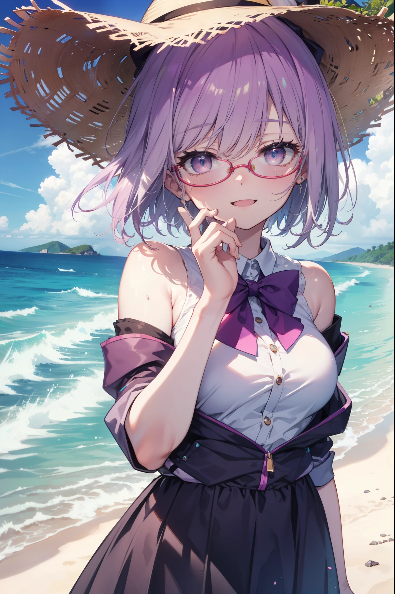 akaneshinjou, shinjou akane, Light purple hair, (Pink Eyes:1.2), short hair,Akagi glasses,happy smile, smile, Open your mouth,Sleeveless dress,Long skirt,barefoot,Straw hat,Daytime,True Summer,
break ourdoors, Coastal Road,Sandy Beach,
break looking at viewer, break (masterpiece:1.2), highest quality, High resolution, unity 8k wallpaper, (shape:0.8), (Fine and beautiful eyes:1.6), Highly detailed face, Perfect lighting, Highly detailed CG, (Perfect hands, Perfect Anatomy),