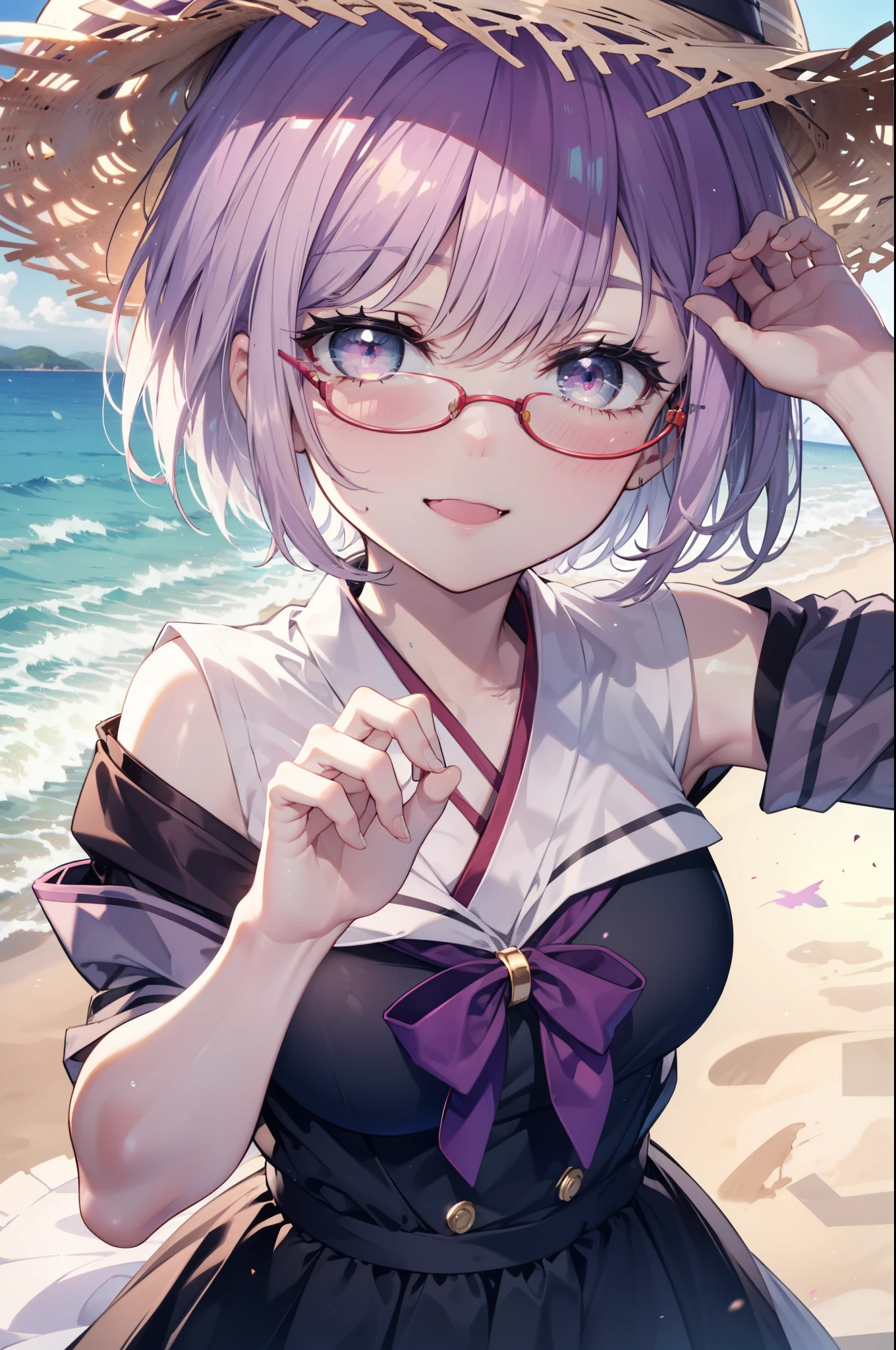akaneshinjou, shinjou akane, Light purple hair, (Pink Eyes:1.2), short hair,Akagi glasses,happy smile, smile, Open your mouth,Sleeveless dress,Long skirt,Heart Pendant,barefoot,Straw hat,Daytime,True Summer,So that the whole body goes into the illustration,
break ourdoors, Coastal Road,Sandy Beach,
break looking at viewer,(Cowboy Shot:1. 5) break (masterpiece:1.2), highest quality, High resolution, unity 8k wallpaper, (shape:0.8), (Fine and beautiful eyes:1.6), Highly detailed face, Perfect lighting, Highly detailed CG, (Perfect hands, Perfect Anatomy),
