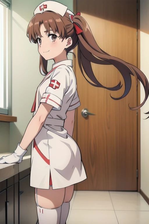 Kuroko, Twin tails, Brown eyes, Brown Hair, Flat Chest, alone, nurse, ((white nurse cap, white nurse's outfit)), ((White legwear, zettai ryouiki)), White gloves, smile, Are standing, Hospital room, Sharp contours, Short sleeve, highest quality, masterpiece