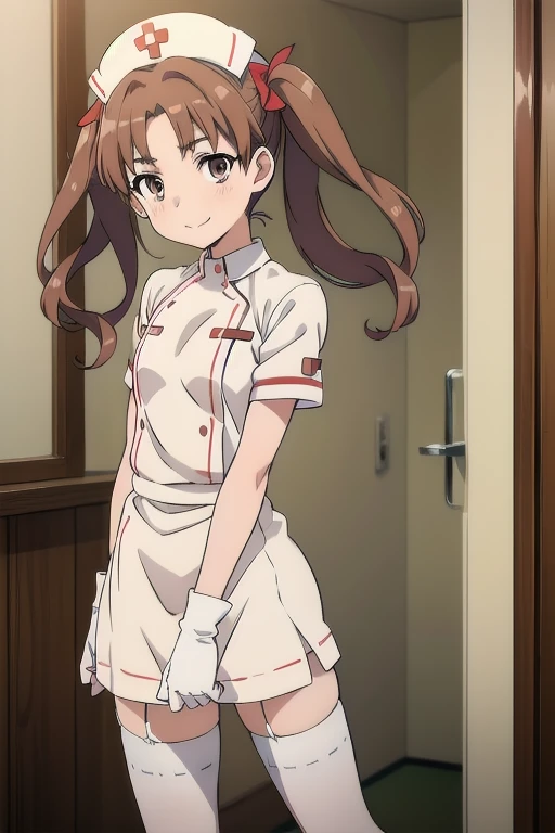 Kuroko, Twin tails, Brown eyes, Brown Hair, Flat Chest, alone, nurse, ((white nurse cap, white nurse's outfit)), ((White legwear, zettai ryouiki)), White gloves, smile, Are standing, Hospital room, Sharp contours, Short sleeve, highest quality, masterpiece