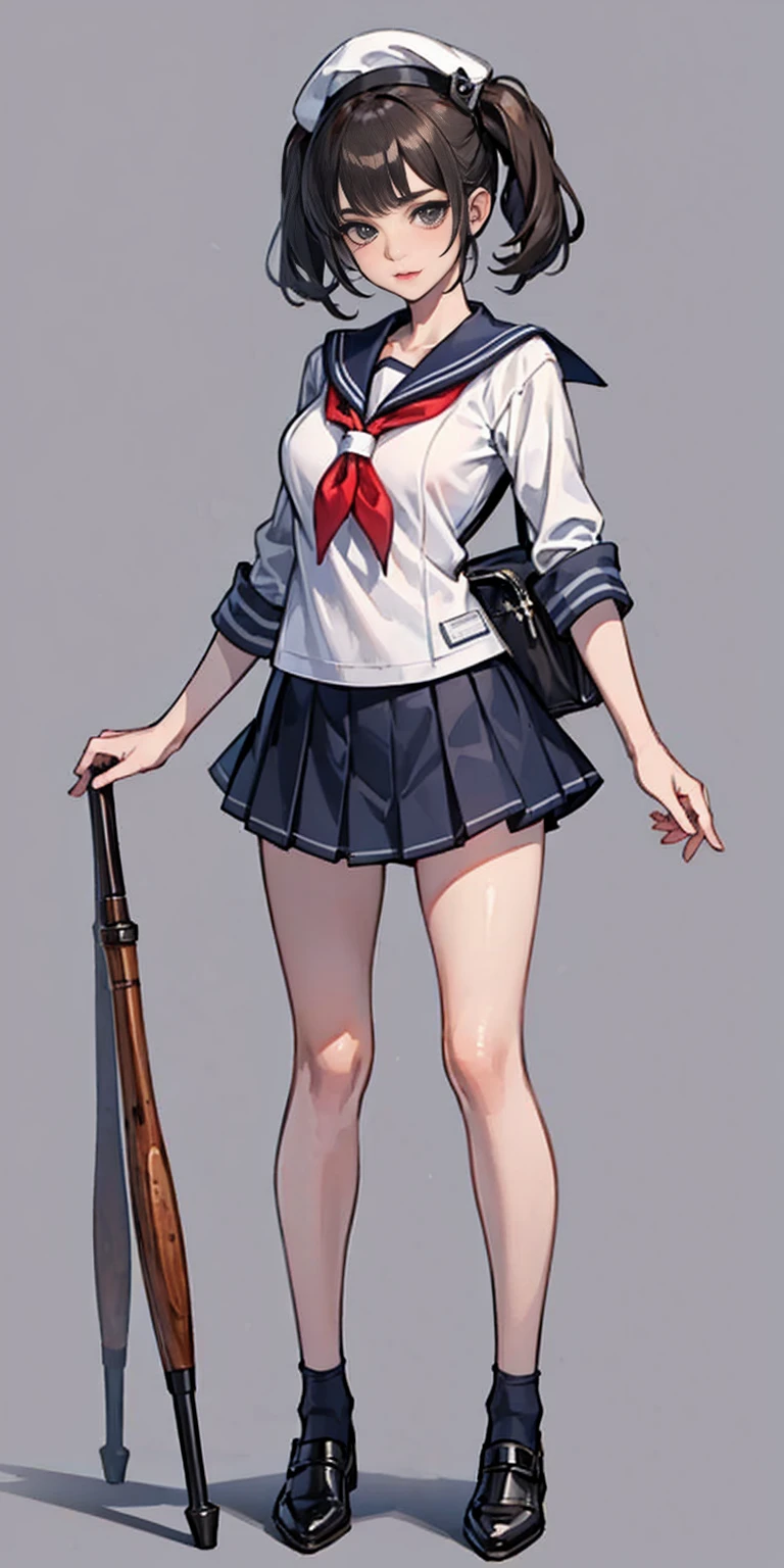 Beauty all over the body, Sailor suit, leather shoes, stand head-on, a skirt, grey background