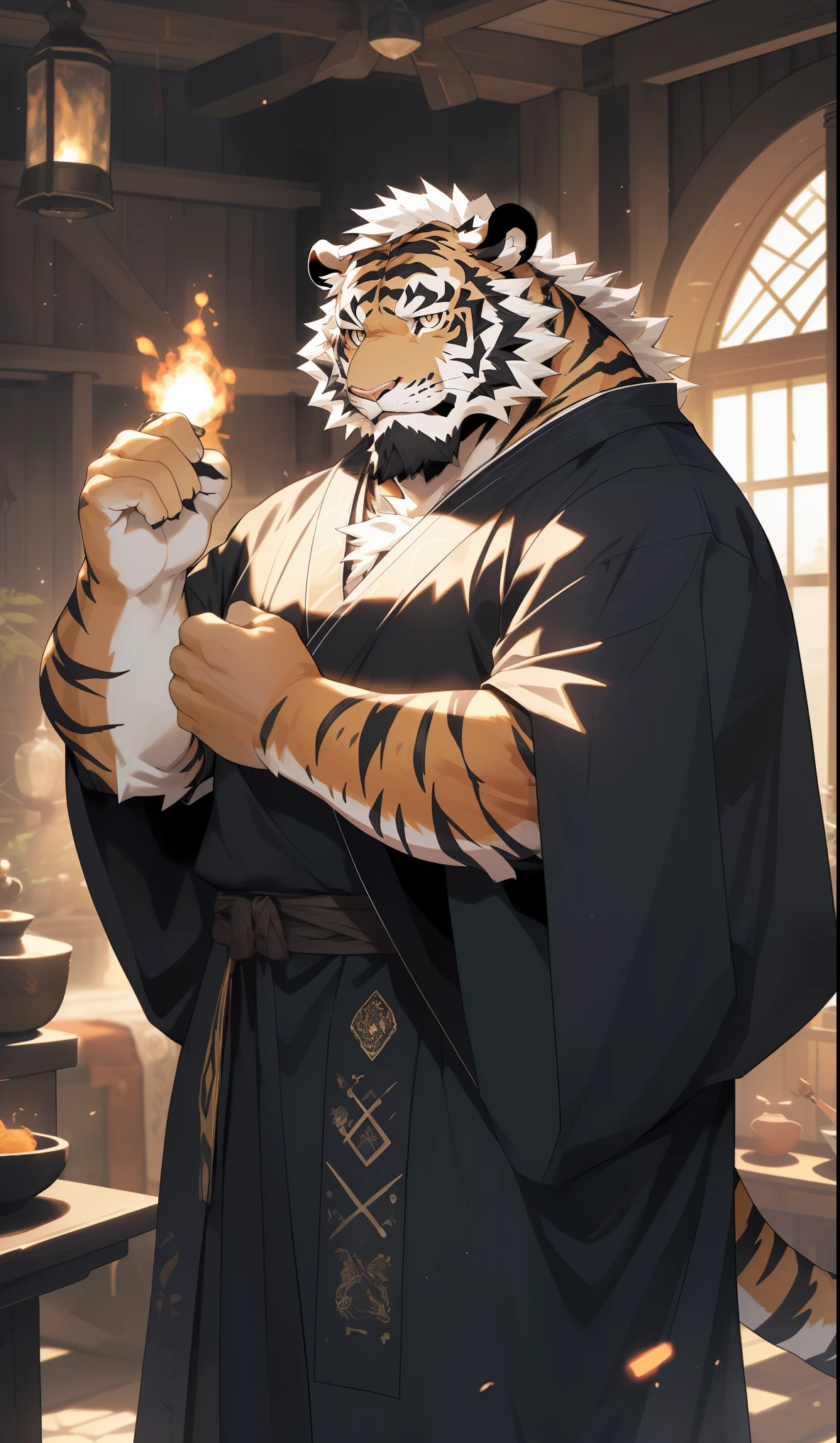 hairy,(tiger,Black magic robes:1.3,Black magic hat:1.3)beard,Golden fur,Magic wand in hand,male,Common,full-body shot,Inside the House,There are many magic props,In the dark magic house,Real background,极其lifelike阴影,masterpiece,Very detailed,lifelike。