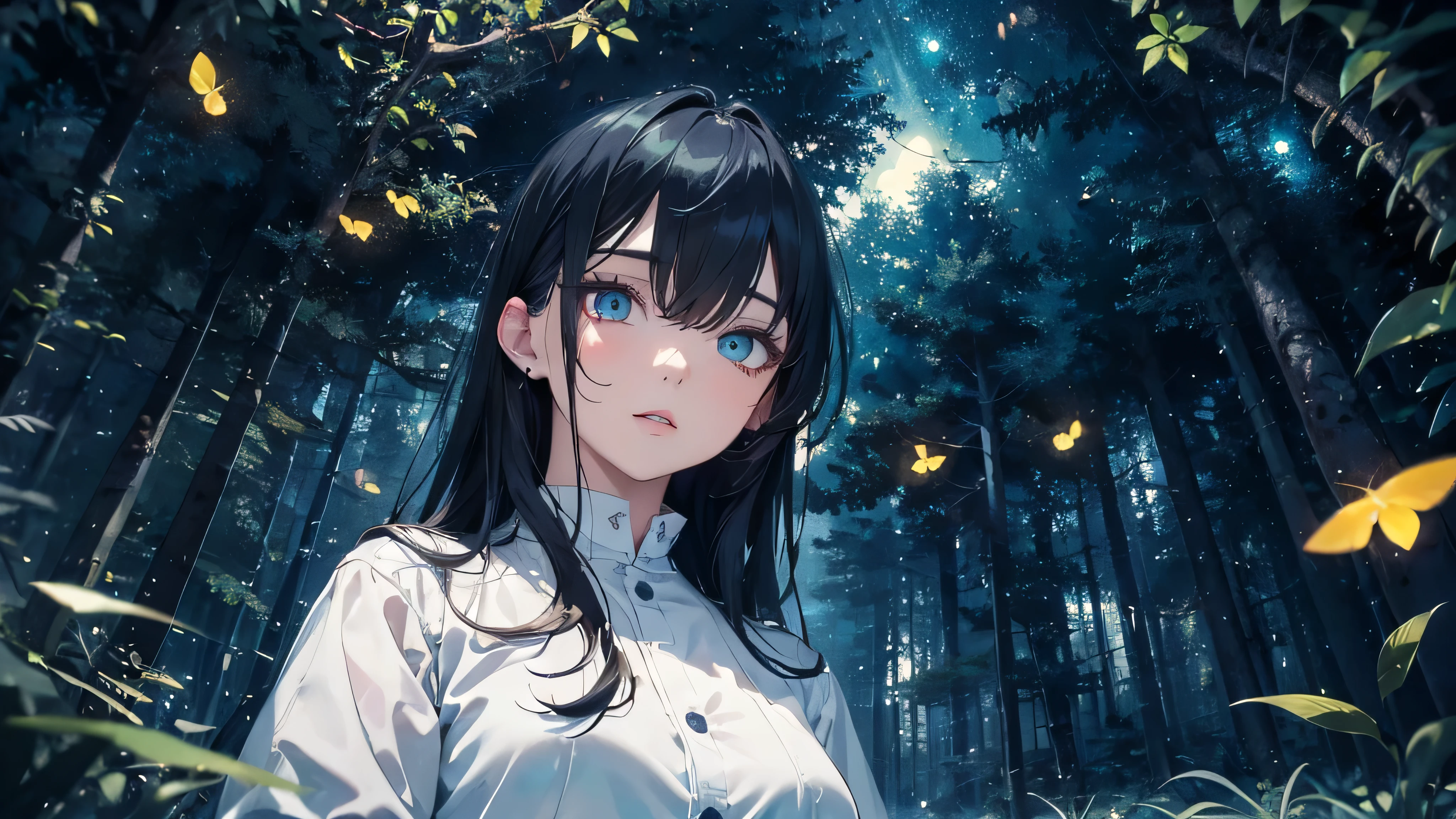 (absurdres, highres, ultra detailed), masterpiece, best quality, a girl in white noble outfit, beautiful, finely eye, detailed face, black long hair, vibrant blue eye, night forest, dark background, from below, look down, cowboy shot, full of green glowing fireflies.