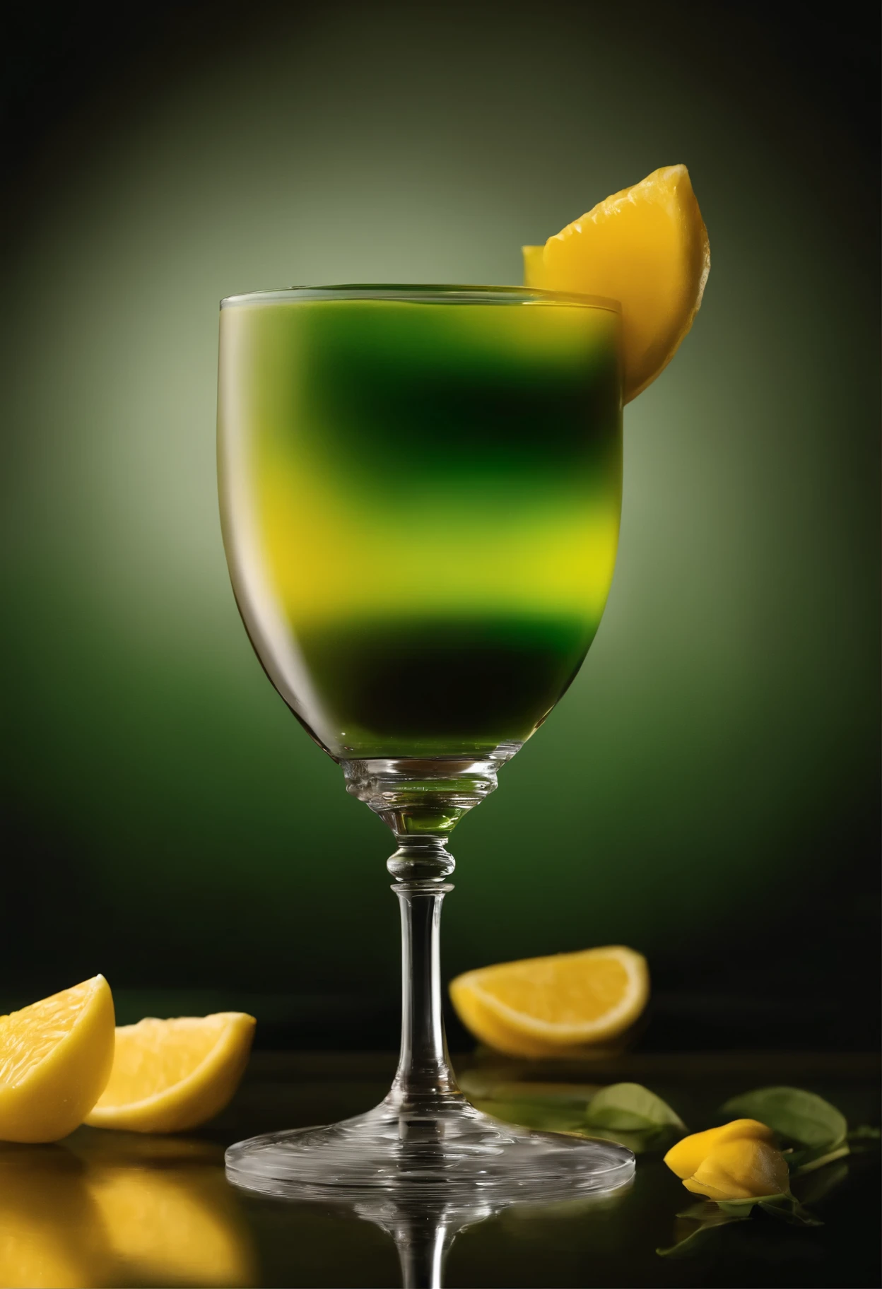 Postre semiesferico, cubierto por un glaseado espejo de dos colores: amarillo verdoso y verde oscuro. Destacando su forma semiesferica