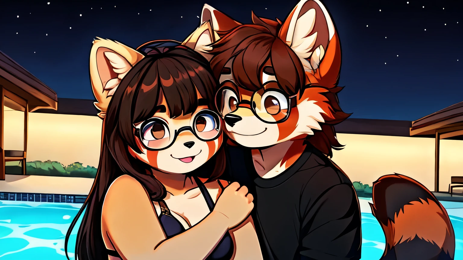Antropomorphic fluffy chubby yellow wolf young cute shy girl with long brown human hair and brown eyes dressed with a bikini near a pool in the midnight with her boyfriend an furry antropomorphic red panda with short brown human hair and brown eyes with circular glasses dressed with a black t-shirt both hugging