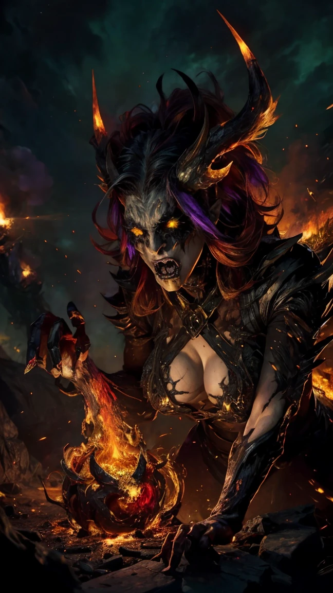 High view, high angle of camera, A sexy Hell queen, anime style. walking through a dark, rotten and burnt Hades, showcasing the fiery green hair and thin black horns with incandescent cracks, black tears, golden ornament. Every space and build in the landscape is meticulously rendered, from the most desolate and terrifying hell, creating a visually stunning and immersive world. The overall effect is a terrifying mix of fantasy, glitter and nostalgia, hellpunk and horror anime. 2.5D style anime, close-up, fine quality yellow eyes, fiery yellow eyes without sclera, ultra detailed, Beautiful and aesthetically pleasing, masterpiece, Best quality score, Extremely detailed , dynamic angle, raytraced, middle body, close up, high view, particles and hard lights, angulo picado. green, red, purple and black