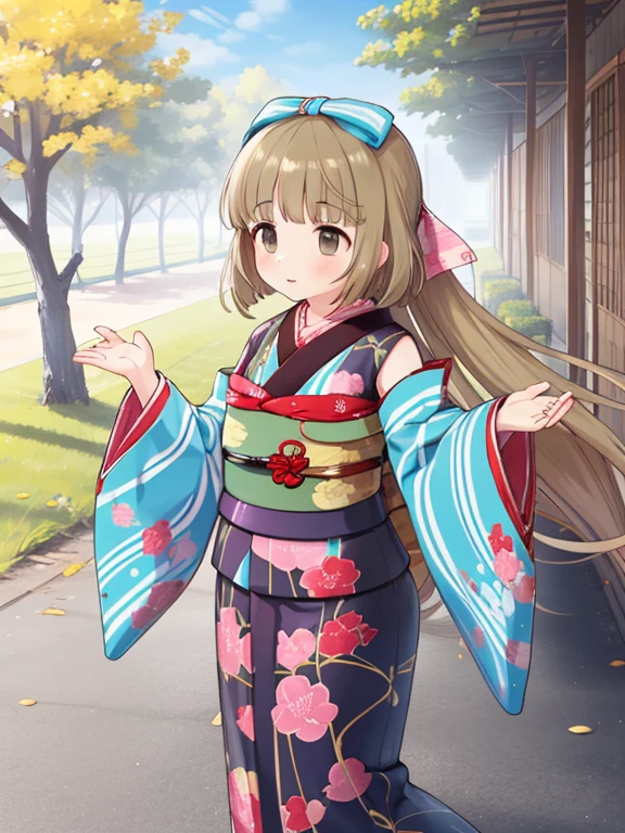 One girl,yorita yoshino,Datsumi's Guide,Long Hair,kimono,Hair Bow,Removable sleeves,
Outdoor,
