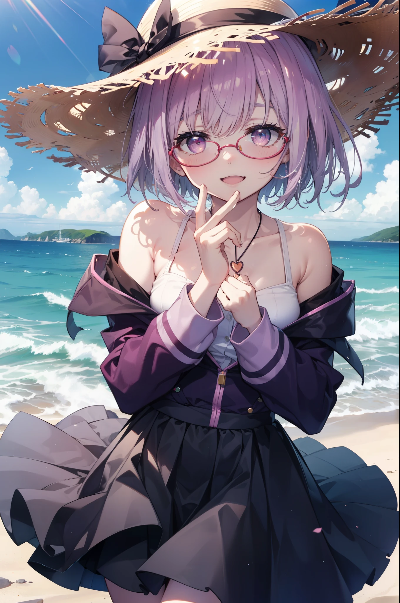 akaneshinjou, shinjou akane, Light purple hair, (Pink Eyes:1.2), short hair,Akagi glasses,happy smile, smile, Open your mouth,Sleeveless dress,Long skirt,Heart Pendant,barefoot,Straw hat,Daytime,True Summer,So that the whole body goes into the illustration,
break ourdoors, Coastal Road,Sandy Beach,
break looking at viewer, break (masterpiece:1.2), highest quality, High resolution, unity 8k wallpaper, (shape:0.8), (Fine and beautiful eyes:1.6), Highly detailed face, Perfect lighting, Highly detailed CG, (Perfect hands, Perfect Anatomy),
