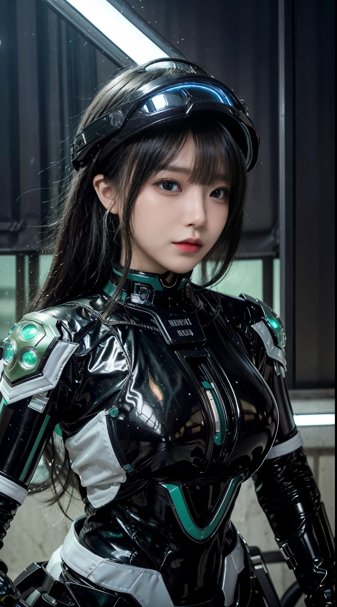 Best image quality, Excellent details, Ultra-high resolution, (realism: 1.4), Best illustrations, Favorite Details, Very condensed one girl, Delicate and beautiful features, Wearing a black and green mech, Wearing a mecha helmet, Hold the directional controller, Riding on motorcycle, The background is a futuristic city high tech lighting scene.