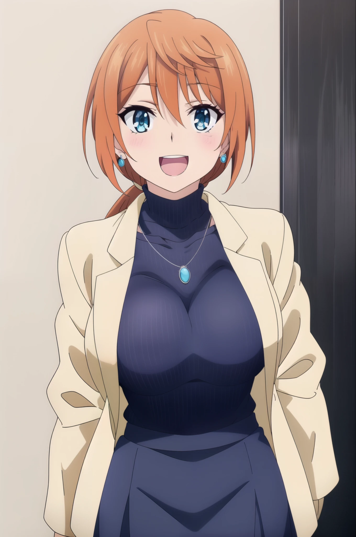 1girl, breasts, orange hair, solo, LONG HAIR , PONYTAIL, BLUE EYES, jewelry, white wall, opened jacket , ((beige JACKET)), necklace, large breasts, open mouth, looking at viewer, smile, purple skirt, earrings, long hair, mature female, ( turtleneck,), , collarbone,
