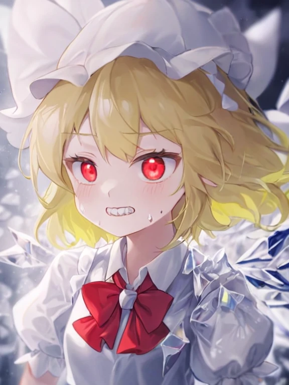One girl,alone,Flanders_scarlet,Have,blonde_hair,wing,pain_cap,red_eye,Ascot,white_hat,tooth,yellow_Ascot,Best,Puffy_short_sleeve,red_Best,前hair,Have_bow,One_~ side_superior,shirt,crystallization,length_hair,skin_tooth,