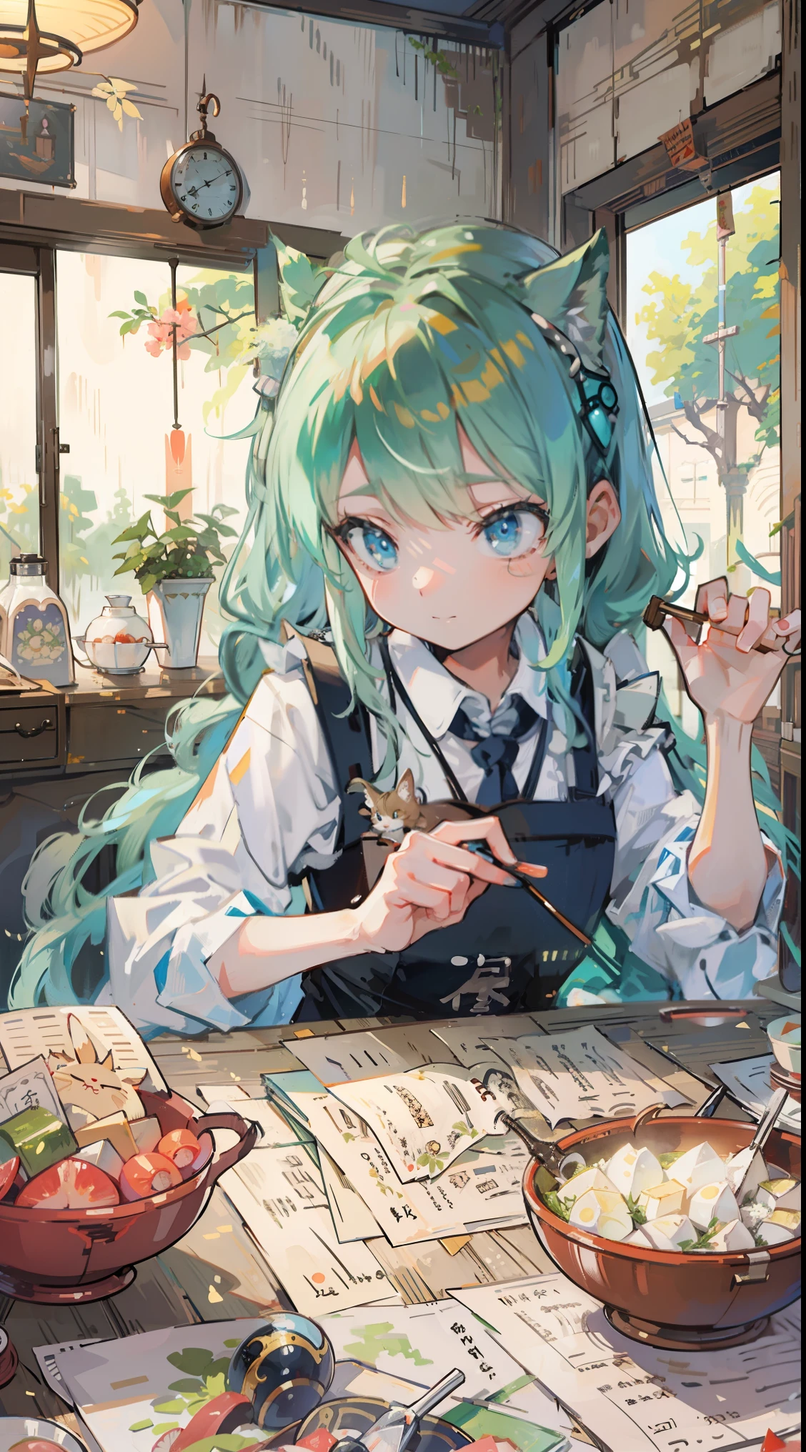 (Tabletop, highest quality: 1.1), Ghibli style, alone, , Weibo, Tinker&#39;s Wife (Tabletop), highest quality, Expressive eyes, Perfect Face, Small breasts, thin, ((Wearing a dress and playing the piano)),transparentガラスボトル本体, Glass Girl, transparent, Wavy green hair, Pink and blue eyes, Green leaves of hair, Eyes like shining jewels, Long eyelashes, transparent性, ((Wearing a dress and playing the piano)), (Red Jewel Autumn Costume)), whole body, Standing Pose Reaching Out, thin脚, Perfect hands, Five Fingers, Yun News (Hmph), no_human, ((Cat ear)), Forest land