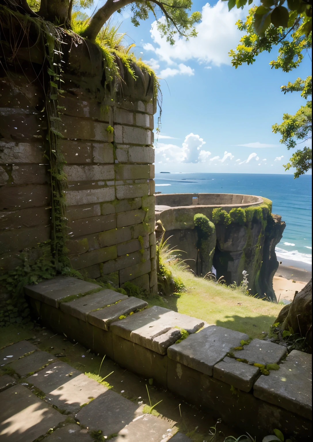 (masterpiece、highest quality:1.2)、8k、You can see the ocean、Ancient ruins built on the edge of a cliff、Crumbling ruins of unknown age、It is covered with moss and ivy.