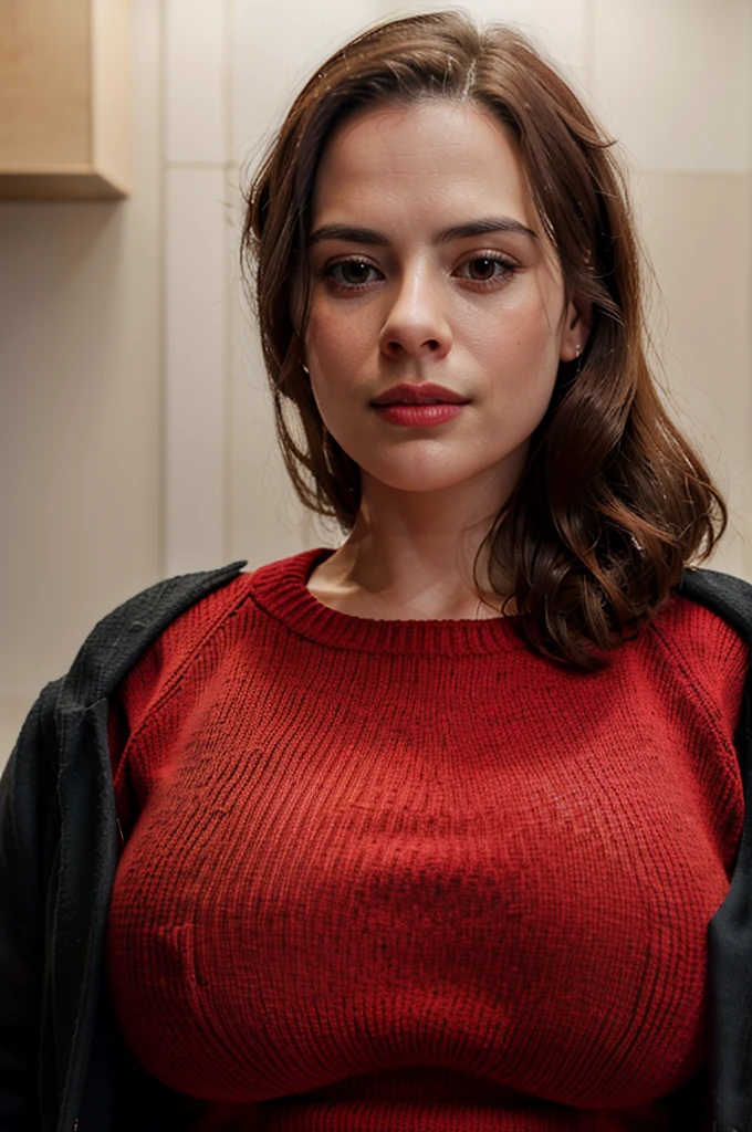 HayleyAtwell head, narrow shoulders, red sweater, black coat, big boob, large breasts, exposed cleavage