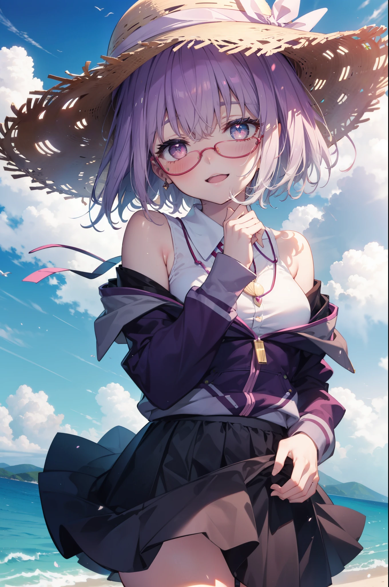 akaneshinjou, shinjou akane, Light purple hair, (Pink Eyes:1.2), short hair,Akagi glasses,happy smile, smile, Open your mouth,Sleeveless dress,Long skirt,Heart Pendant,barefoot,Straw hat,Daytime,True Summer,So that the whole body goes into the illustration,
break ourdoors, Coastal Road,Sandy Beach,
break looking at viewer,(Cowboy Shot:1. 5) break (masterpiece:1.2), highest quality, High resolution, unity 8k wallpaper, (shape:0.8), (Fine and beautiful eyes:1.6), Highly detailed face, Perfect lighting, Highly detailed CG, (Perfect hands, Perfect Anatomy),