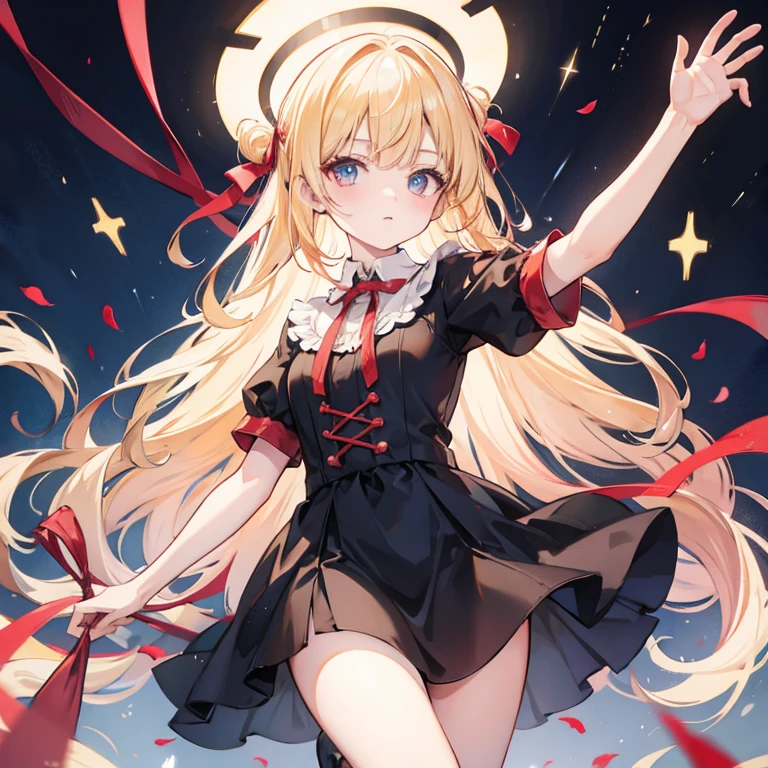 Blonde　girl　As tall as a child　She has a red ribbon on her head　A black dress over a dress shirt　With arms outstretched　Eye color is red　Hair is straight　There&#39;s an angel halo on his head　Has a red gun