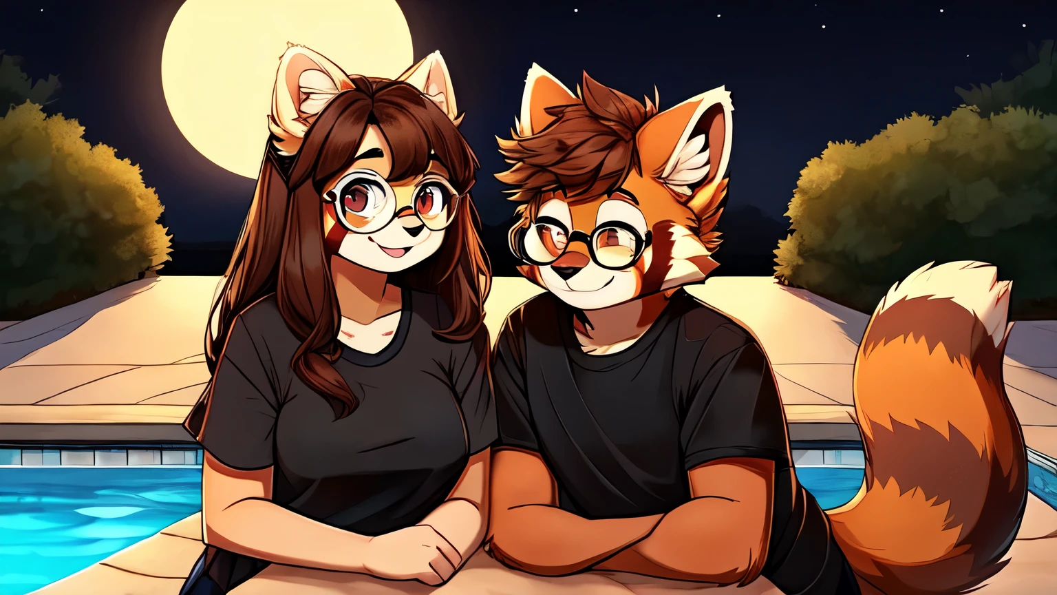 Antropomorphic fluffy chubby yellow wolf young cute shy girl with long brown human hair and brown eyes dressed with a bikini near a pool in the midnight with her boyfriend an furry antropomorphic red panda with short brown human hair and brown eyes with circular glasses dressed with a black t-shirt