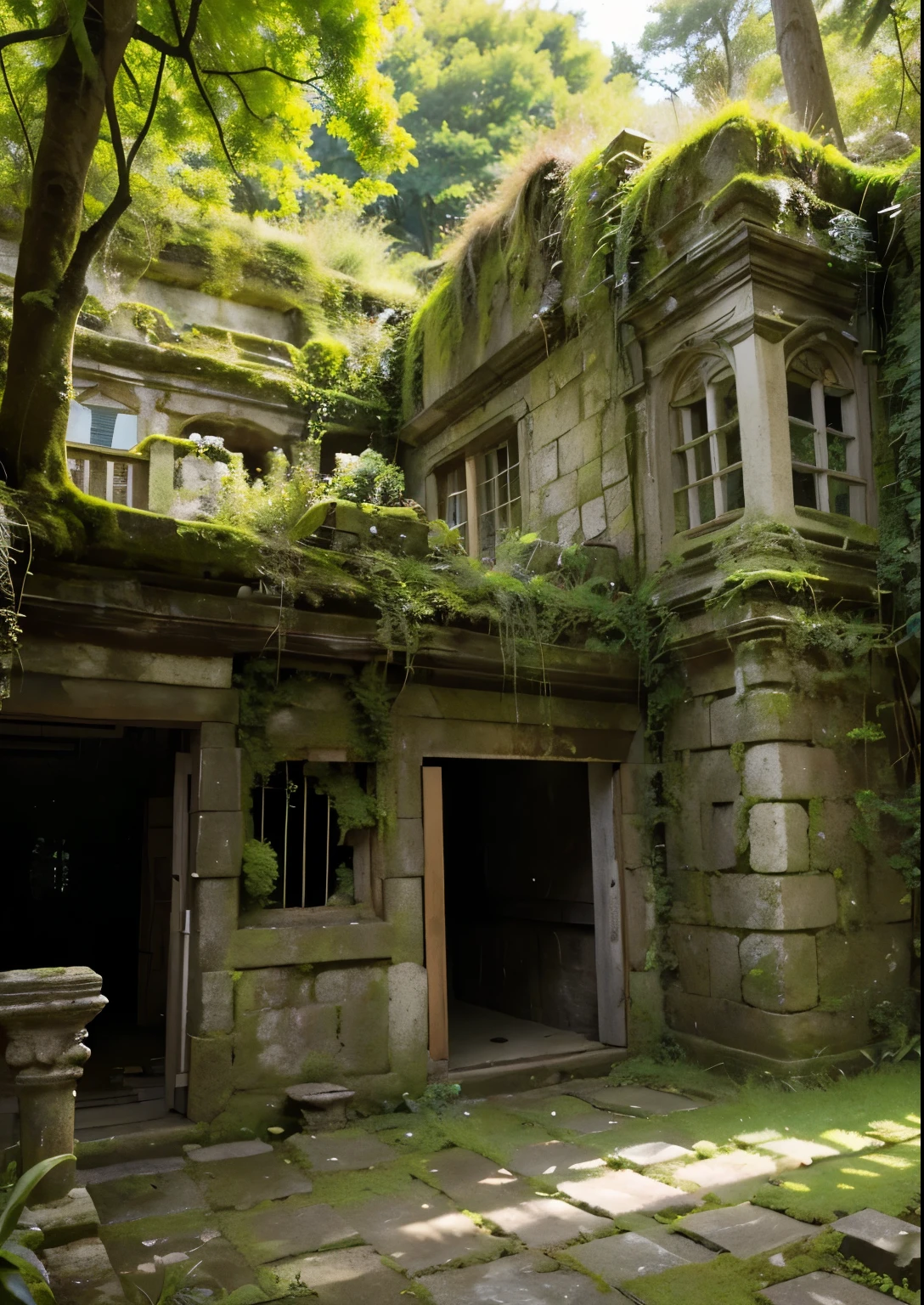 (masterpiece、highest quality:1.2)、8k、You can see the ocean、Ancient ruins built on the edge of a cliff、Crumbling ruins of unknown age、It is covered with moss and ivy.、Beautiful Japanese