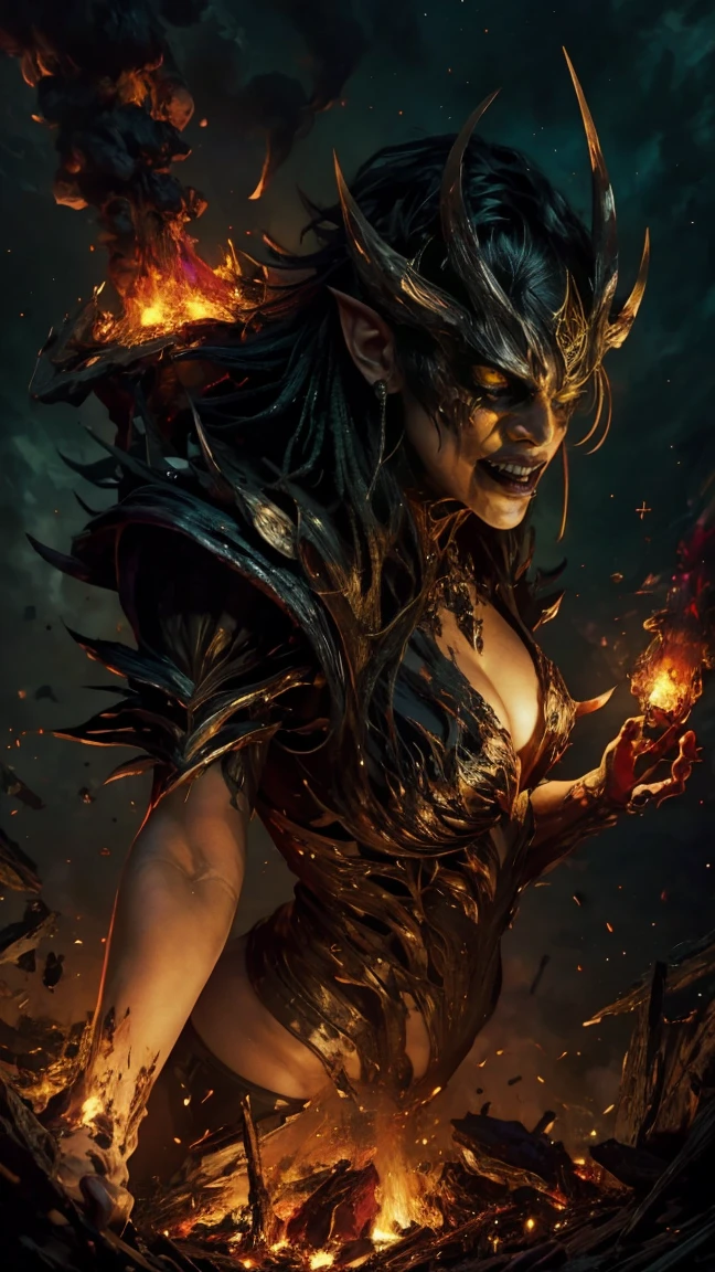 High view, high angle of camera, A beautiful and sexy queen of hell, anime style. walking through a dark, rotten and burnt Hades, showcasing the fiery green hair and thin black horns with incandescent cracks, black tears, golden ornament. Every space and build in the landscape is meticulously rendered, from the most desolate and terrifying hell, creating a visually stunning and immersive world. The overall effect is a terrifying mix of fantasy, glitter and nostalgia, hellpunk and horror anime. 2.5D style anime, close-up, fine quality yellow eyes, fiery yellow eyes without sclera, ultra detailed, Beautiful and aesthetically pleasing, masterpiece, Best quality score, Extremely detailed , dynamic angle, raytraced, middle body, close up, high view, particles and hard lights, angulo picado. green, red, purple and black