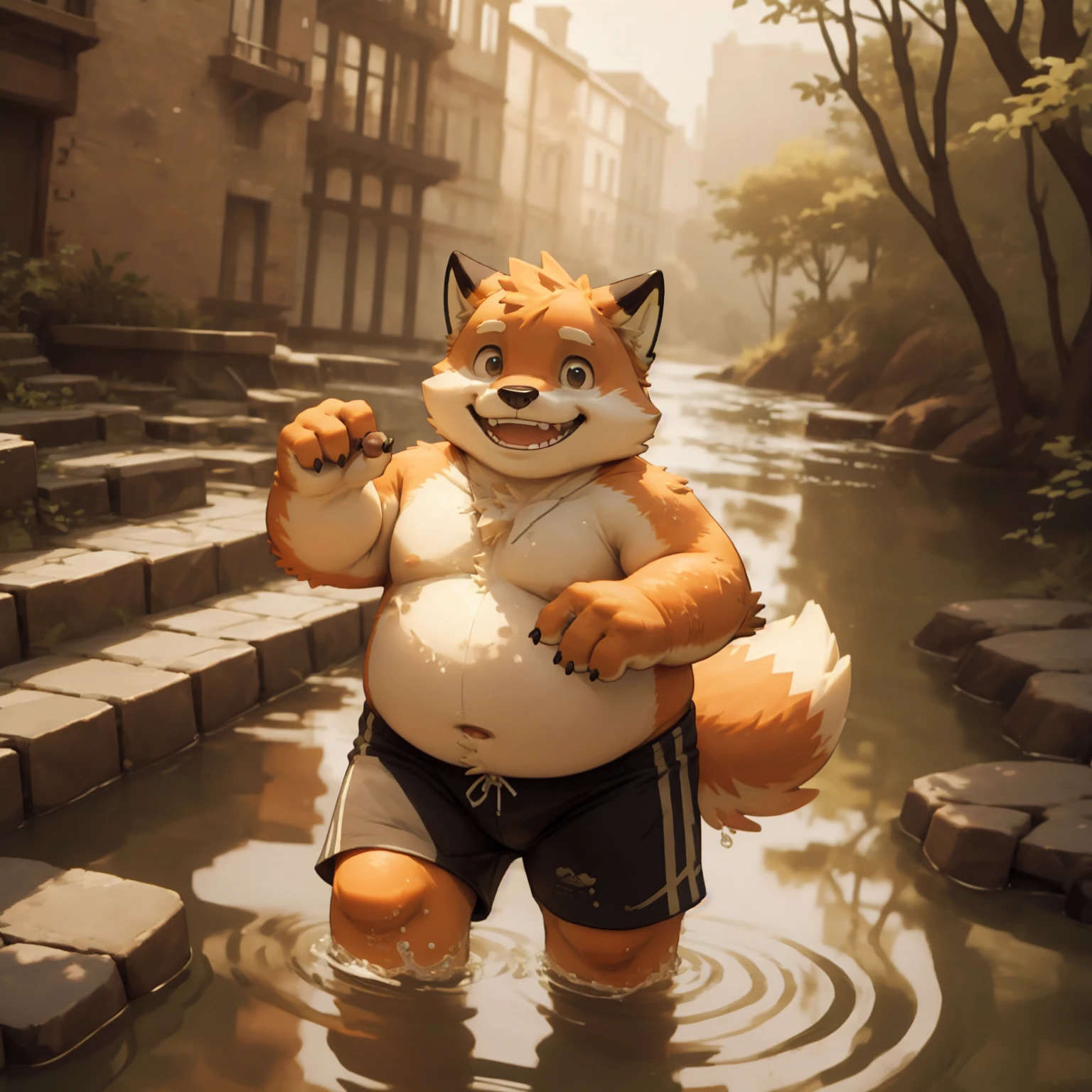 New Jersey 5 Furry，fox，portrait,Exquisite，Chubby，Orange plush fur，Cute face，Handsome，child，Topless，shorts，riverside，cobblestone，Playing in the water，Smile