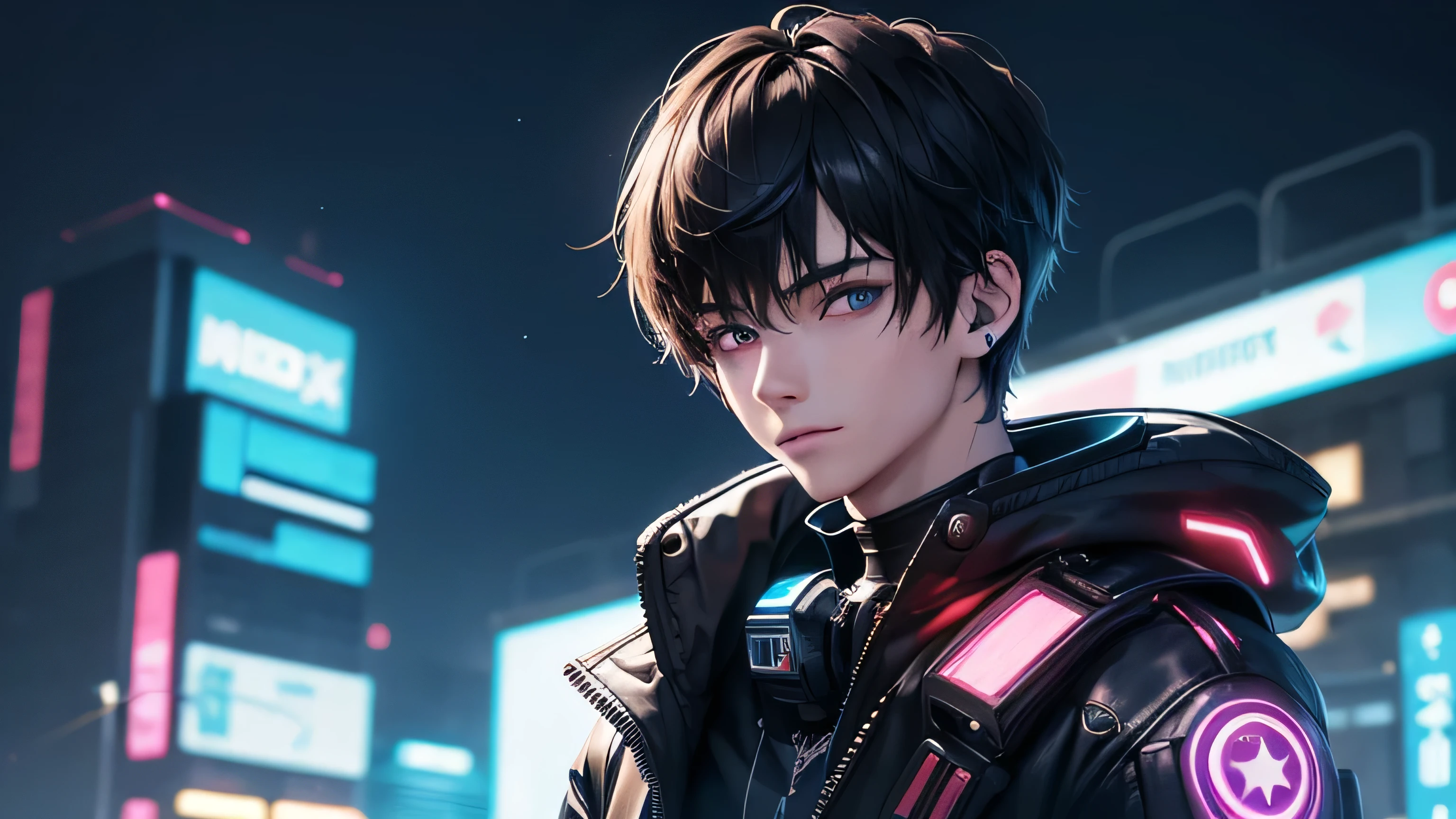 1boy, 22 years old , (extremely beautiful), solo, male focus, cyberpunk, neon lights, vibrant colors, headphones, Cyberpunk, neon, masterpiece, best quality, ultra-detailed, cyberpunk background, detail, in the starry night, moon, explosive and clear eyes, glowing eyes, beautiful details in the wind, little smile. watching the moon.