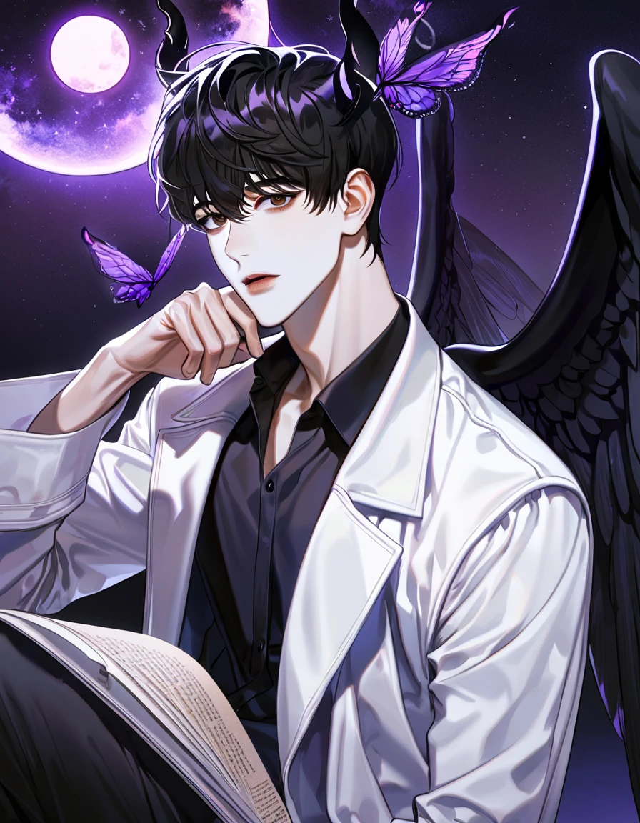 (absurdres, highres, ultra detailed, HDR) master piece, best quality, perfect face, Kim Dokja, black hair, expressive brown eyes, Omniscient reader's viewpoint, solo, sexy man, handsome, white coat, black shirt, black pants, black horns, black angel wings, purple moon, purple flames, purple butterflies, purple roses, starry sky