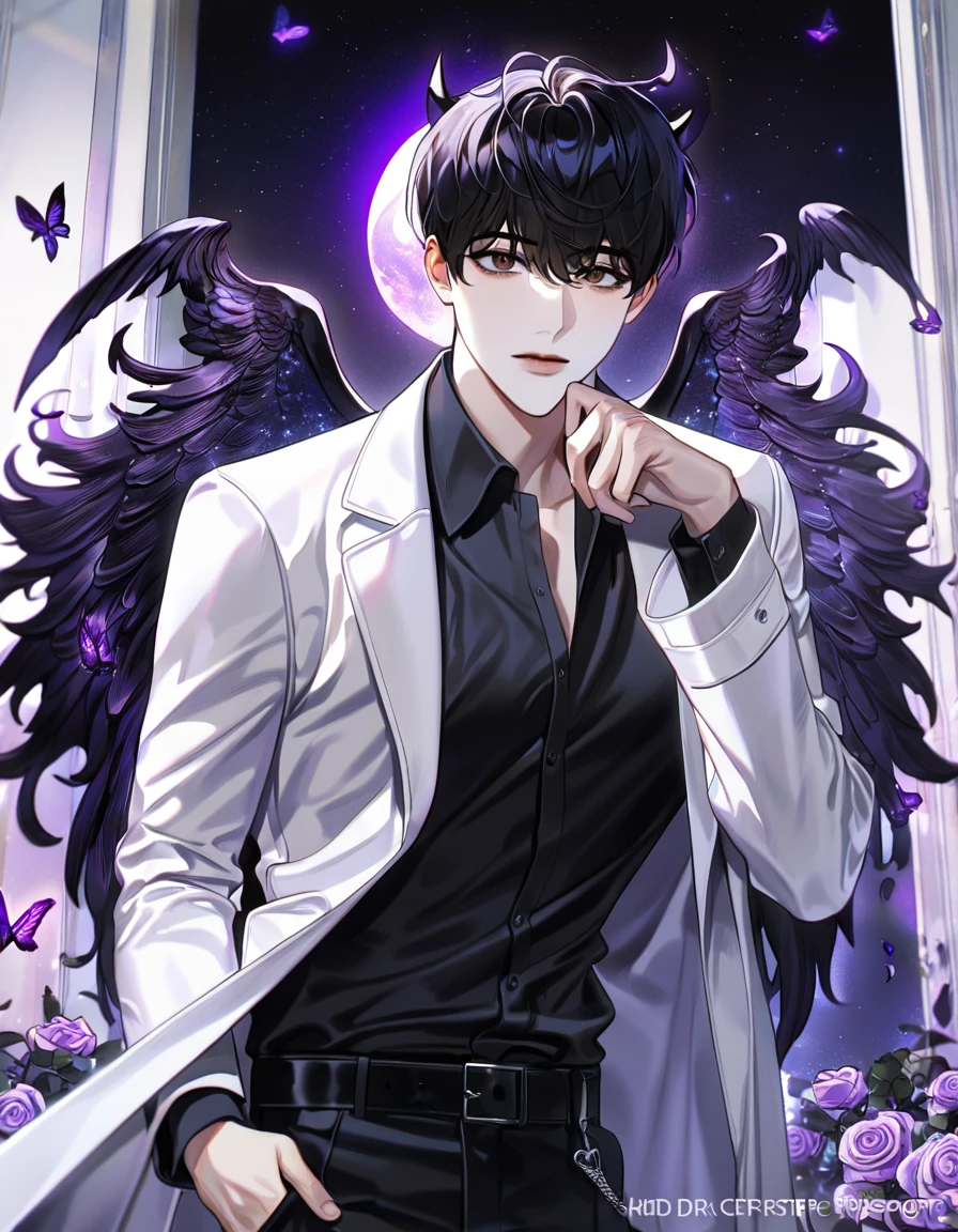 (absurdres, highres, ultra detailed, HDR) master piece, best quality, perfect face, Kim Dokja, black hair, expressive brown eyes, Omniscient reader's viewpoint, solo, sexy man, handsome, white coat, black shirt, black pants, black horns, black angel wings, purple moon, purple flames, purple butterflies, purple roses, starry sky