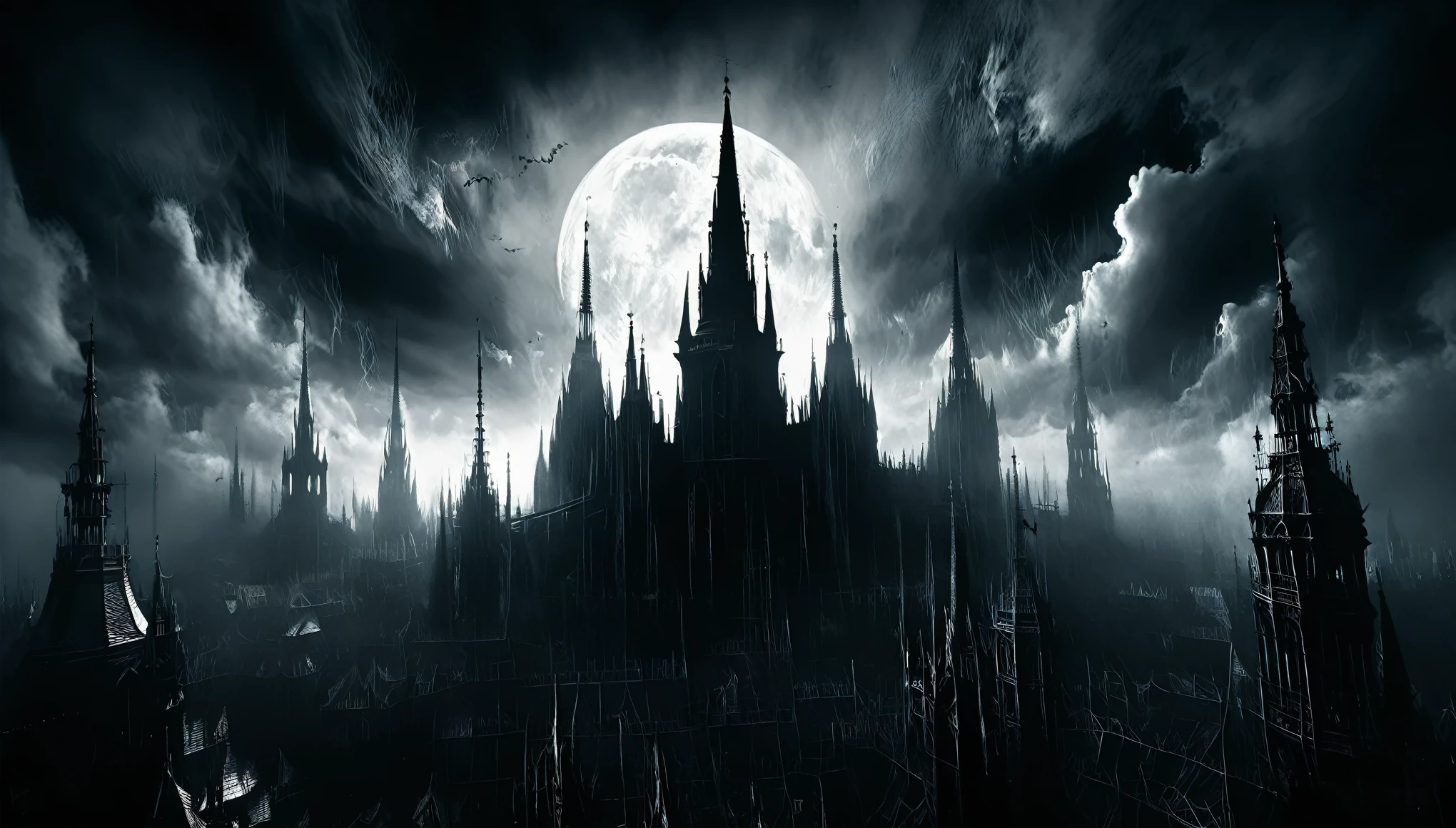 A haunting cityscape emerges from the depths of darkness, with spires reaching towards a foreboding sky, each structure pulsating with malevolent energy.