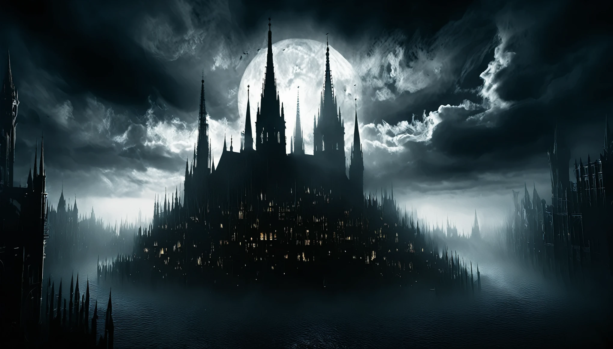A haunting cityscape emerges from the depths of darkness, with spires reaching towards a foreboding sky, each structure pulsating with malevolent energy.