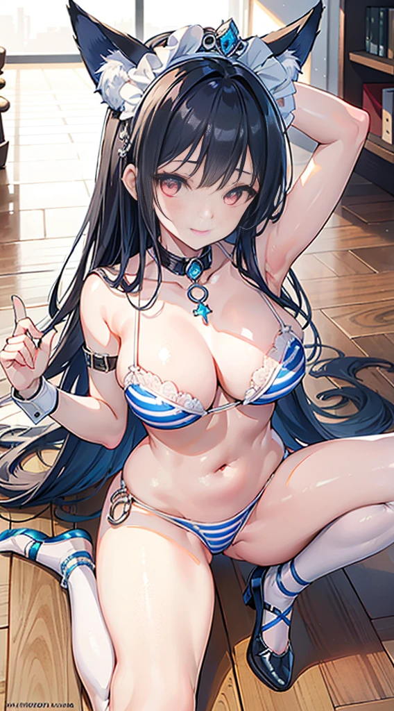 high quality, masterpiece, Ultra Detailed, Bottom View,1 girl, Extremely detailed facial details, Blue and white striped bikini,maid crown,ballet,handcuffs,collar,Calm expression,Smile,handcuffs,collar,Black long hair, Attractive pink eyes, Fox ears, Ridiculously big, glowing skin, Dance studio, Wooden floor,Medieval town