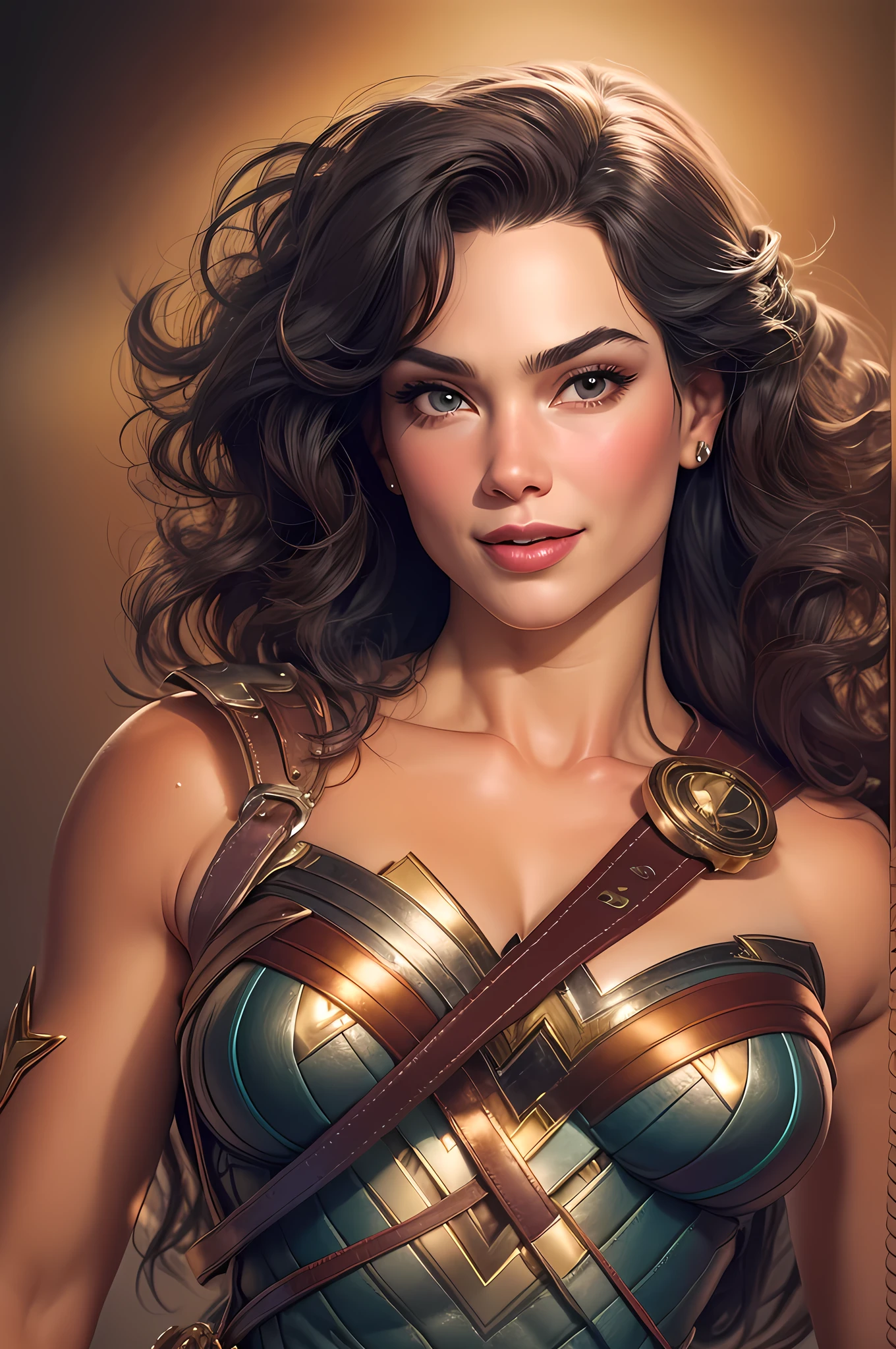 Wonder woman, closeup Portrait photo by Altgarm , strong facial features, holsum looking, , realism style, Glowing skin, Cartoon hero, Natural light, Defined lips, Strong physical strength, Feminine body, Full body, viewer, (Smile:1.2), Depth of field f/1.8, studio shot, (((looking in camera))), Camera orientation, ellen von unwerth, (Sexy Pose:1.5))