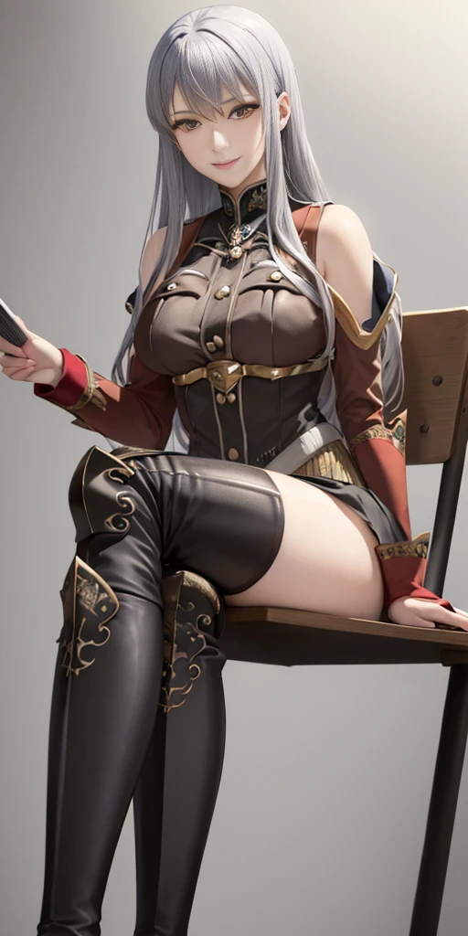 (masterpiece, 4K, best quality:1.2) (Selvaria Bles (Valkyria Chronicles) LoRA) grey background, light grey sweater, thigh boots, white hair, smile, sit on chair, absolute realm, classroom, sitting, crossed legs, low head, leg details, foot details