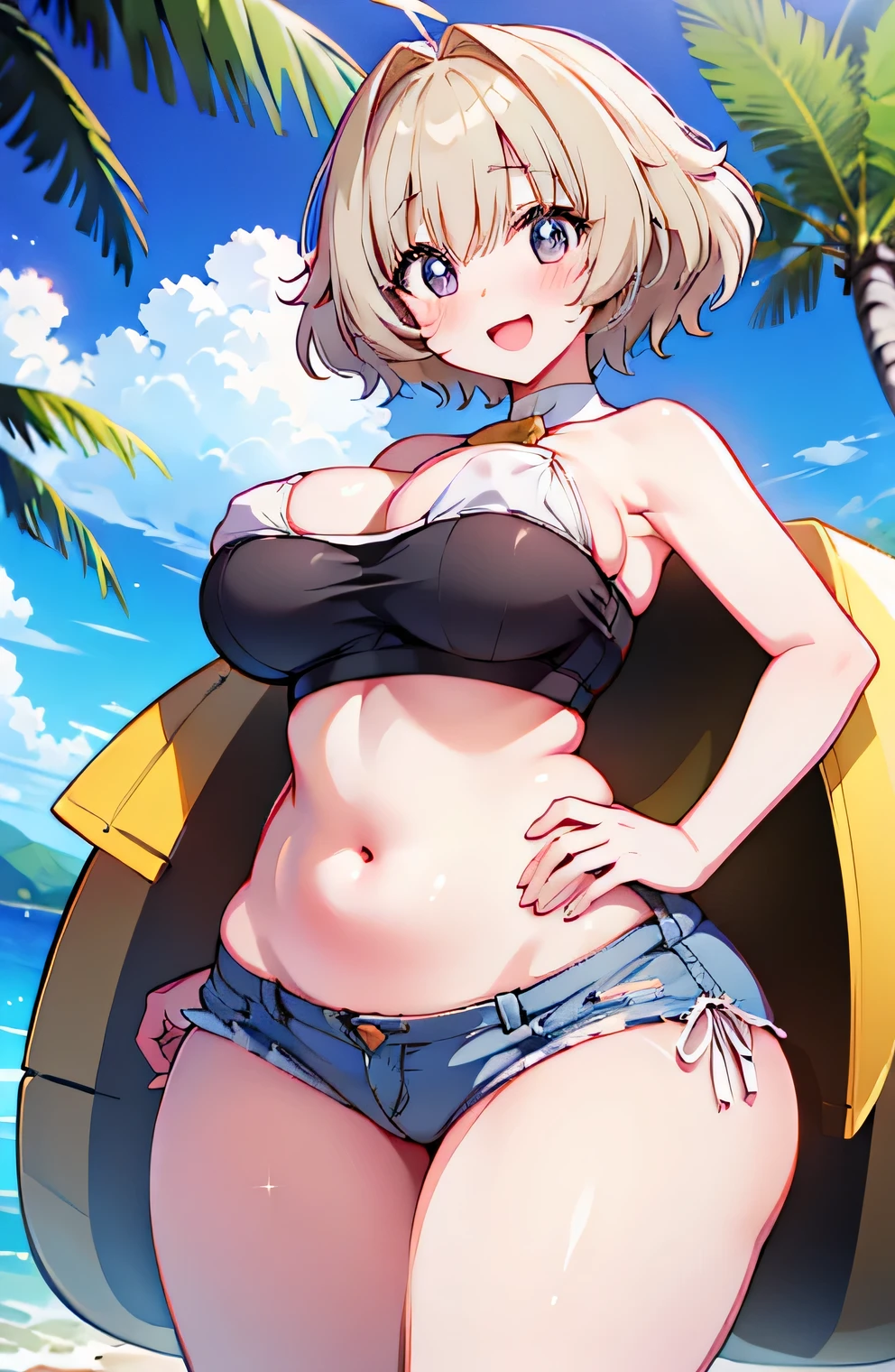 Anime illustration、highest quality、A short and voluptuous high school girl traveller、Tube top、Tropical resort、Runway、Perfect proportions、overwhelmingly big breasts、Beautiful, shining eyes、Blushed、smile、Cowboy Shot