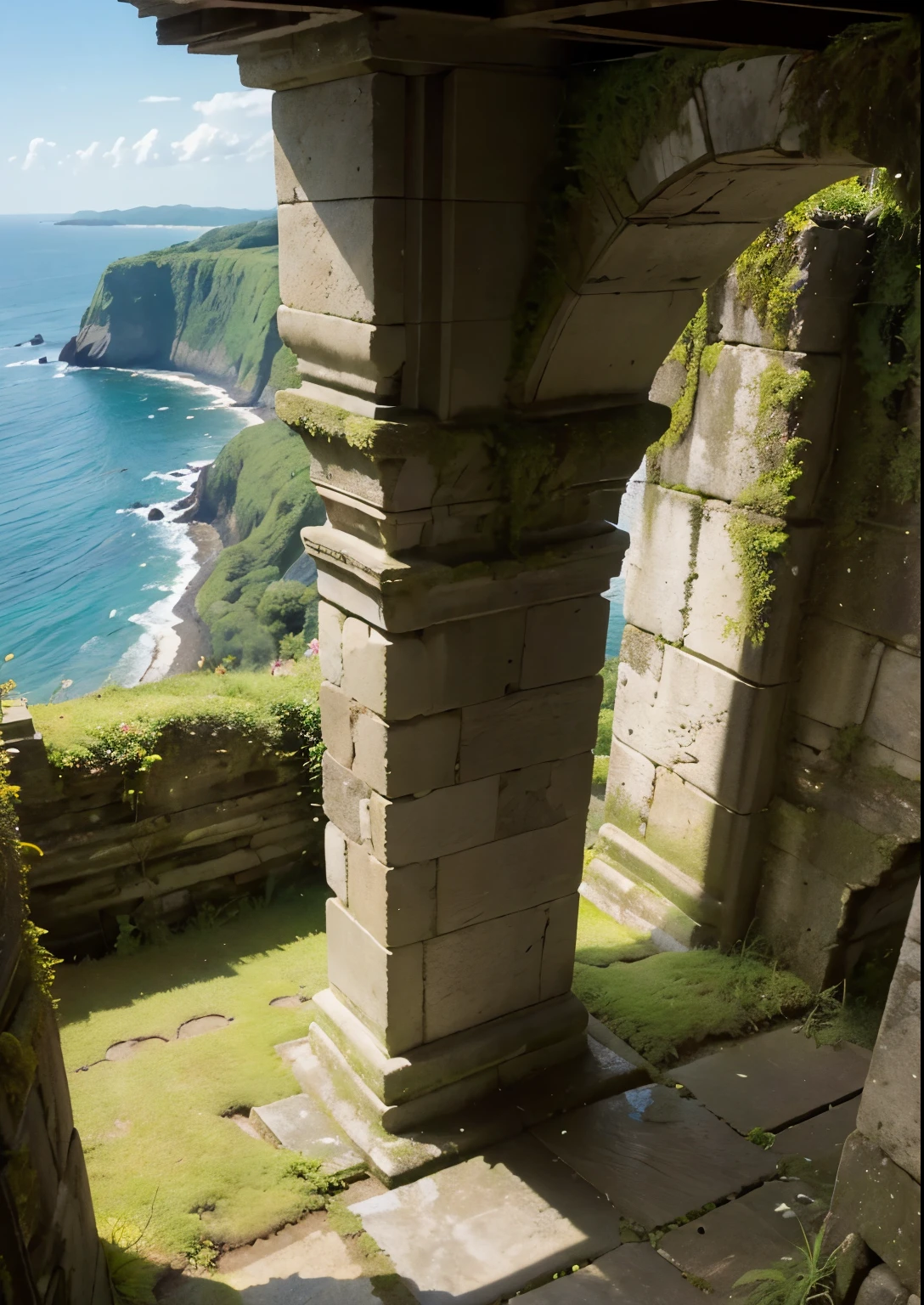 (masterpiece、highest quality:1.2)、8k、You can see the ocean、Ancient ruins built on the edge of a cliff、Crumbling ruins of unknown age、It is covered with moss and ivy.、Beautiful Japanese