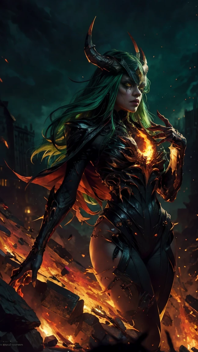 High view, high angle of camera, A beautiful and sexy queen of hell, anime style. walking through a dark, rotten and burnt Hades, showcasing the fiery green hair and thin black horns with incandescent cracks, black tears, golden ornament. Every space and build in the landscape is meticulously rendered, from the most desolate and terrifying hell, creating a visually stunning and immersive world. The overall effect is a terrifying mix of fantasy, glitter and nostalgia, hellpunk and horror anime. 2.5D style anime, close-up, fine quality yellow eyes, fiery yellow eyes without sclera, ultra detailed, Beautiful and aesthetically pleasing, masterpiece, Best quality score, Extremely detailed , dynamic angle, raytraced, middle body, close up, high view, particles and hard lights, angulo picado. green, red, purple and black