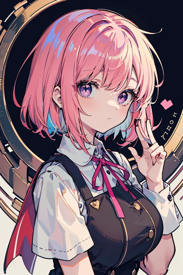 Waiter uniform, Help, part-time job, welcome, 1 girl, Big Tits 1.3, Colorful clothes, Pink Hair, Short Bob, Side ribbon, clear, Unfriendly, Light purple eyes, ((Heart Eyes)), Noticed, Pale background,16 years old, Colorful Hair, Messy Hair, tonality, Romanticism, modern art, Impressionism, reflected light, 8k, masterpiece, Advanced Details, highest quality, Only 5 fingers, Accurate anatomy