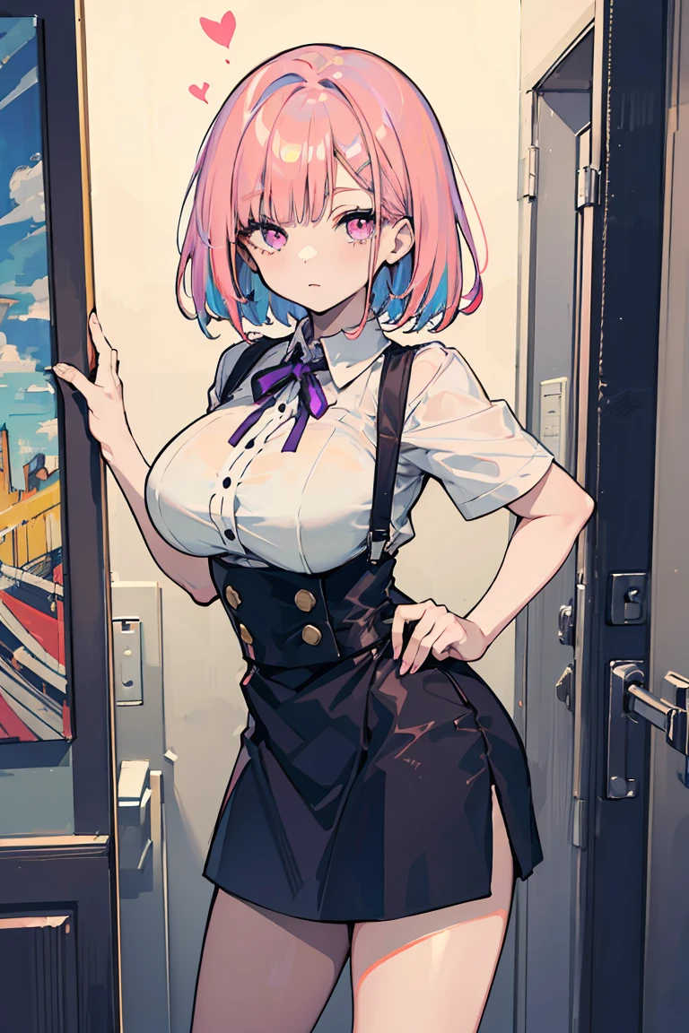 NSFW,Very beautiful and shining eyes、shining eyes、1 girl、small 、big mouth、small breastsr、Transparent pink short hair、first round、skirt、7 year old gir clothes
