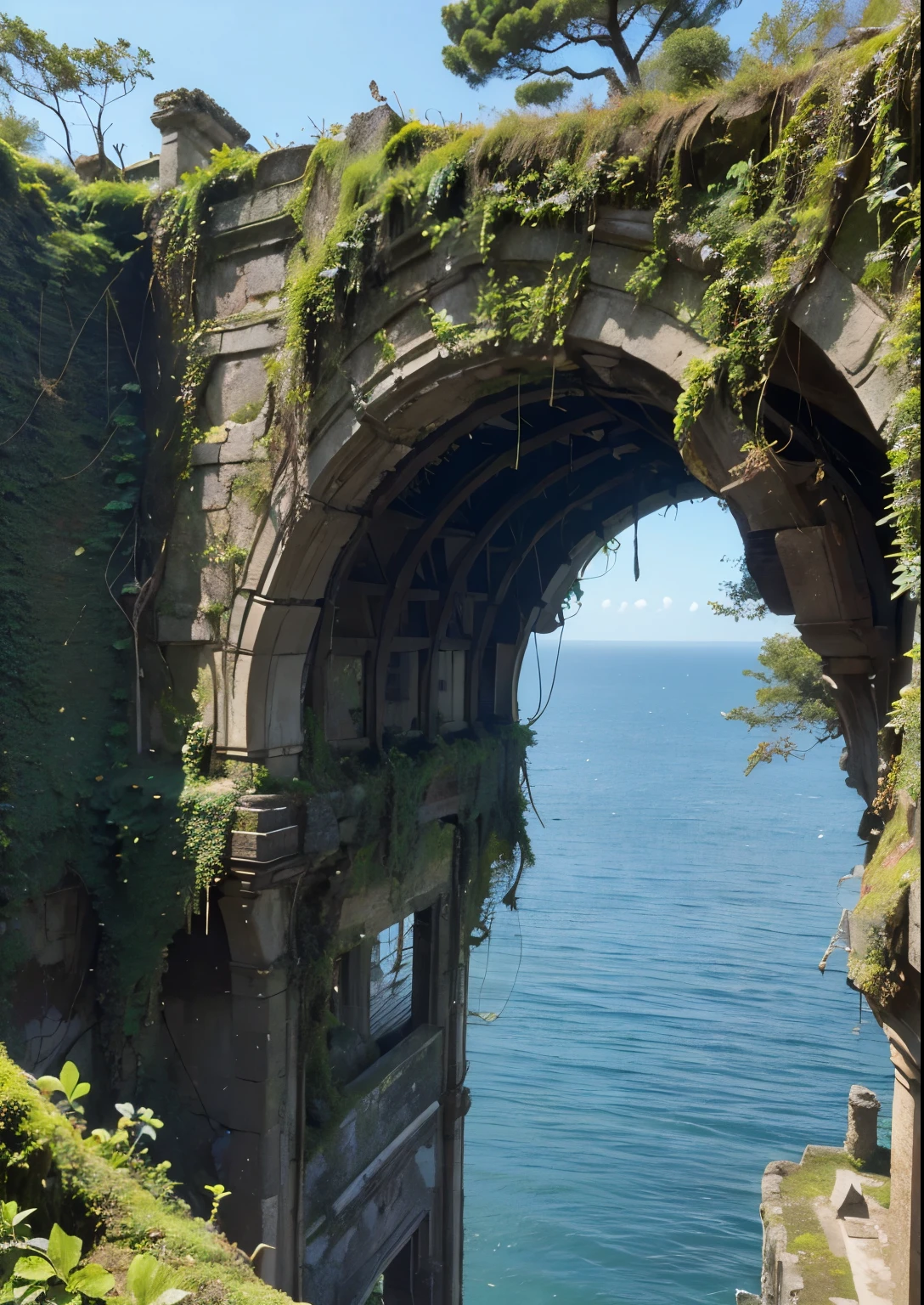 (masterpiece、highest quality:1.2)、8k、You can see the ocean、Ancient ruins built on the edge of a cliff、Crumbling ruins of unknown age、Giant Vine、It is covered with moss and ivy.、Beautiful Japanese