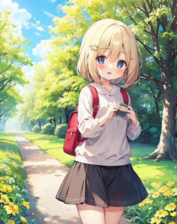 High resolution,Professional Lighting,Incredibly attractive girl with a backpack,Take an adorable puppy,Surrounded by beautiful yellow flowers and natural scenery、Enjoy a beautiful spring walk,Master Parts,highest quality, (Happy:1.4)