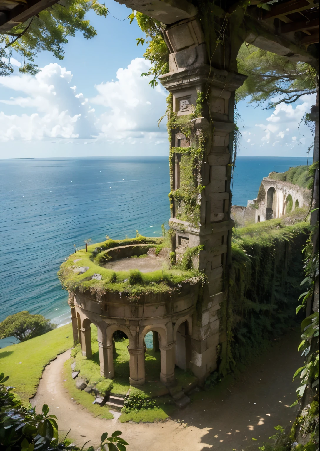 (masterpiece、highest quality:1.2)、8k、You can see the ocean、Ancient ruins built on the edge of a cliff、Crumbling ruins of unknown age、Giant Vine、It is covered with moss and ivy.、Beautiful Japanese