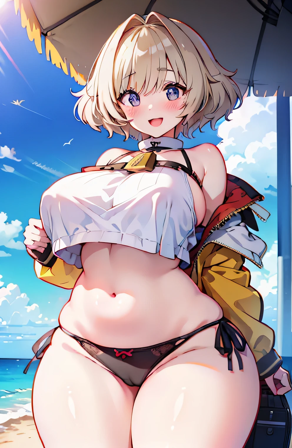 Anime illustration、highest quality、A short and voluptuous high school girl traveller、Tube top、Tropical resort、Reciprocating Machine、Runway、Perfect proportions、overwhelmingly big breasts、Beautiful, shining eyes、Blushed、smile、Cowboy Shot