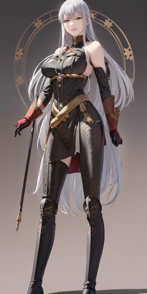 (masterpiece, 4K, best quality:1.2) (Selvaria Bles (Valkyria Chronicles) LoRA) grey background, black shirt, bare shoulders, detached sleeves, big belt crossing waist, black gloves, full body, view from below, far shot, cow boy shot, looking at viewer, pink and red lighting, happy evil smirk, furrowed brow
