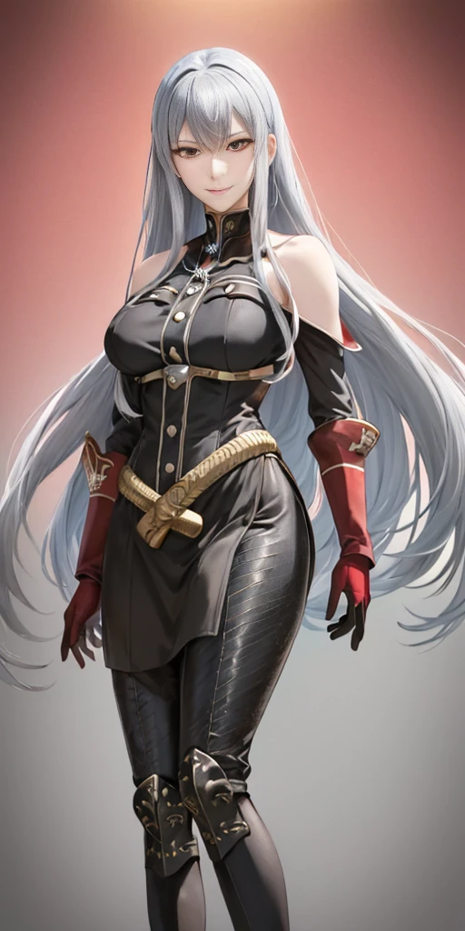 (masterpiece, 4K, best quality:1.2) (Selvaria Bles (Valkyria Chronicles) LoRA) grey background, black shirt, bare shoulders, detached sleeves, big belt crossing waist, black gloves, full body, view from below, far shot, cow boy shot, looking at viewer, pink and red lighting, happy evil smirk, furrowed brow